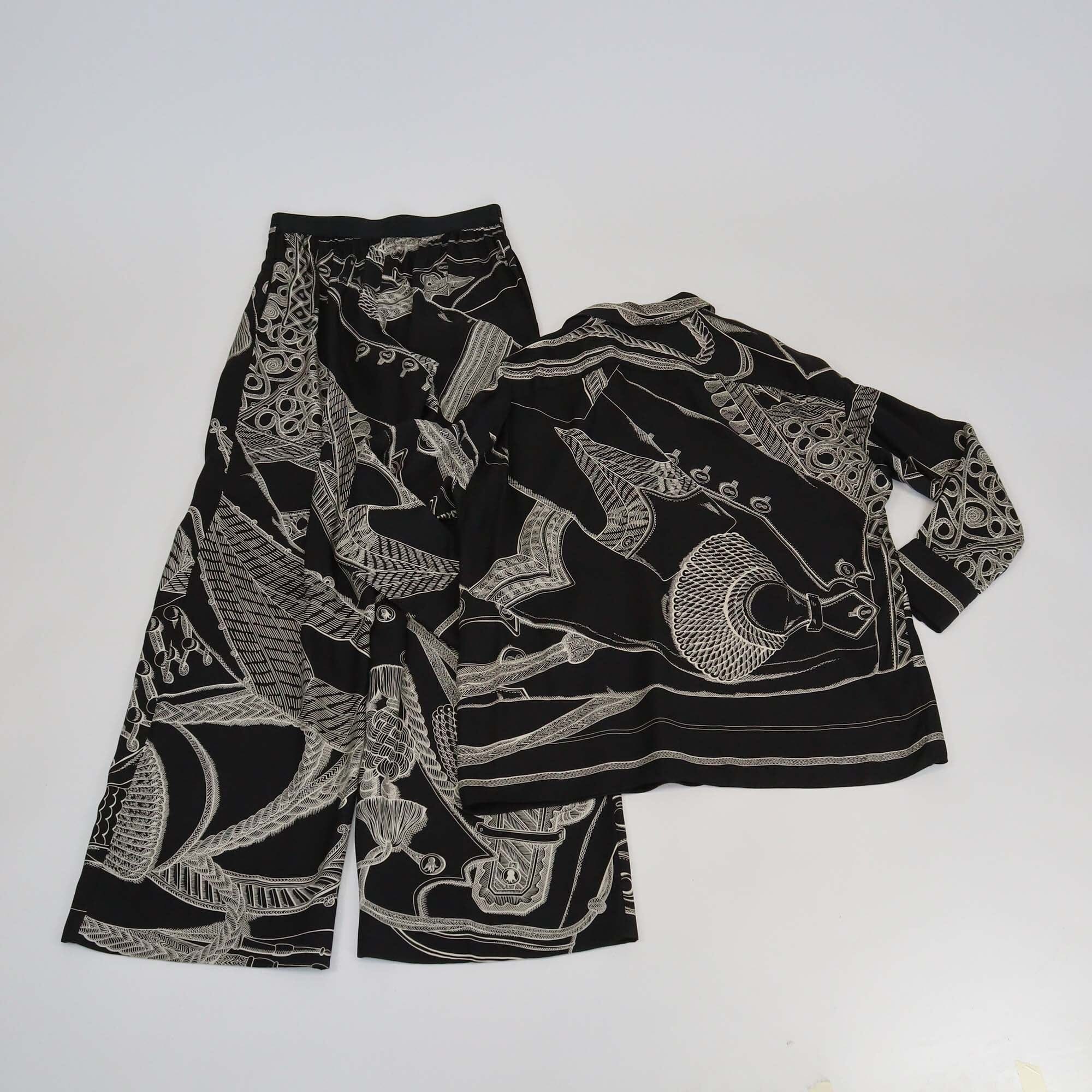 Hermes Black Zouaves et Dragons Finesse Print Neck Tie Long Sleeve Blouse & Pyjama Pants Set Womens Hermes