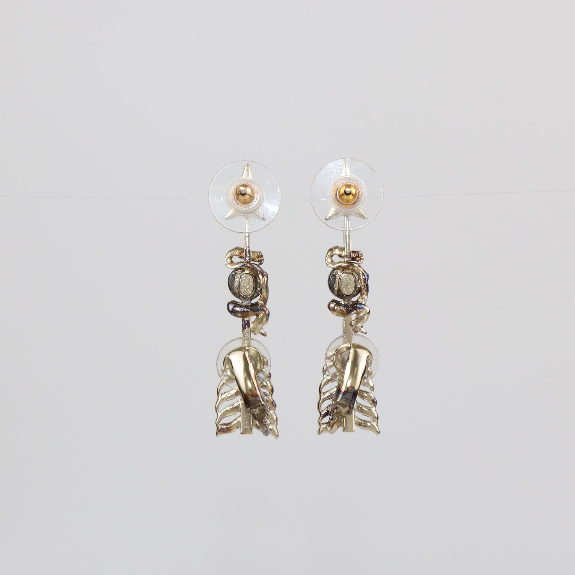 Chanel Gold Tone Metal Crystal & Faux Pearl CC Arrow Earrings Womens Chanel