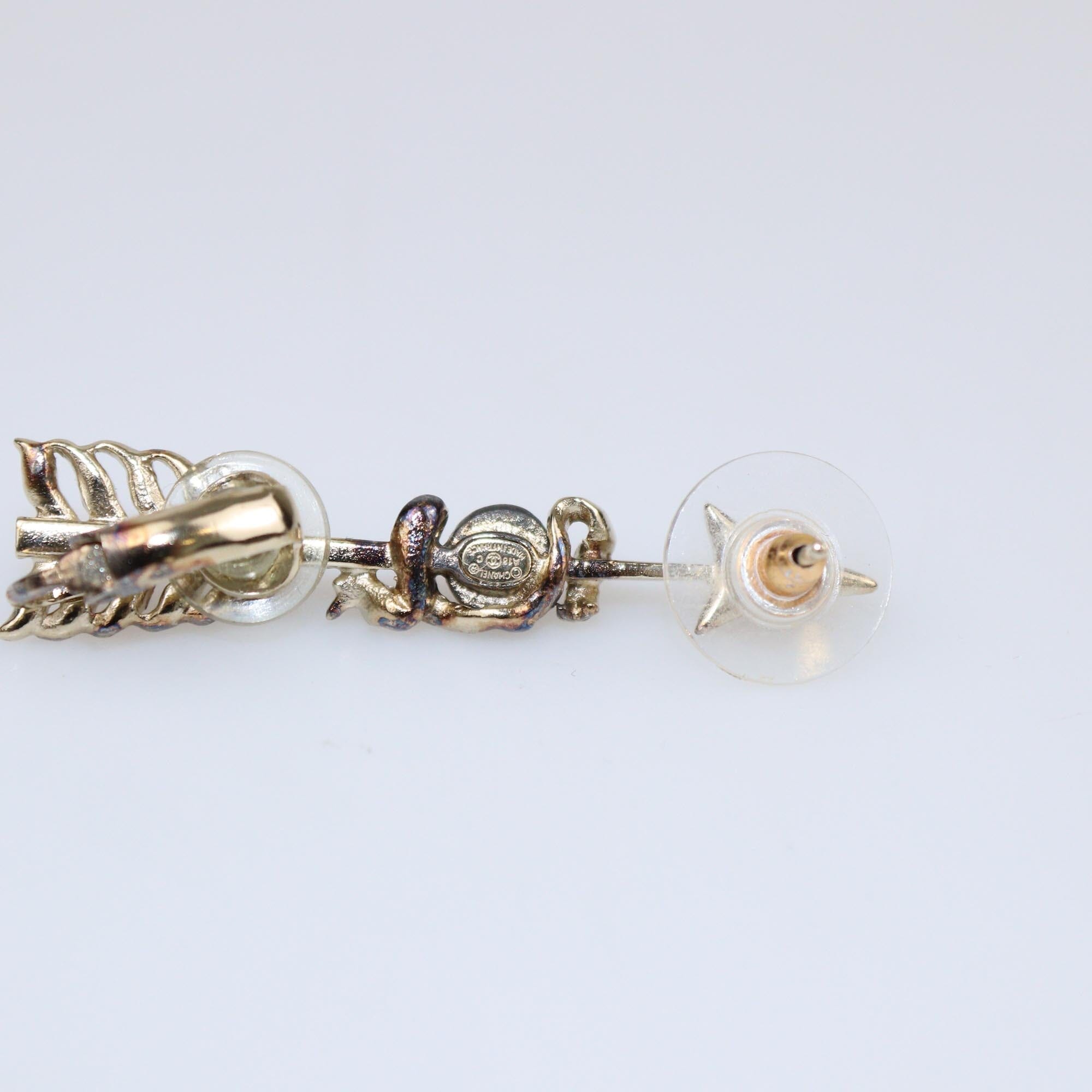 Chanel Gold Tone Metal Crystal & Faux Pearl CC Arrow Earrings Womens Chanel