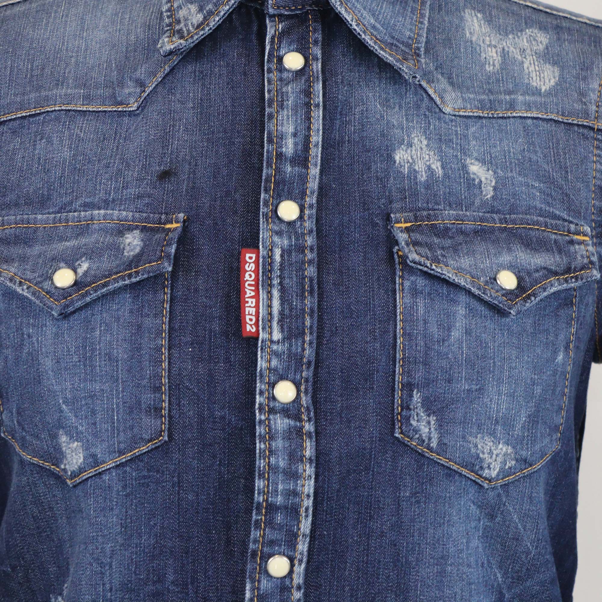 Dsquared2 Blue Washed Denim Distressed Long Sleeve Shirt