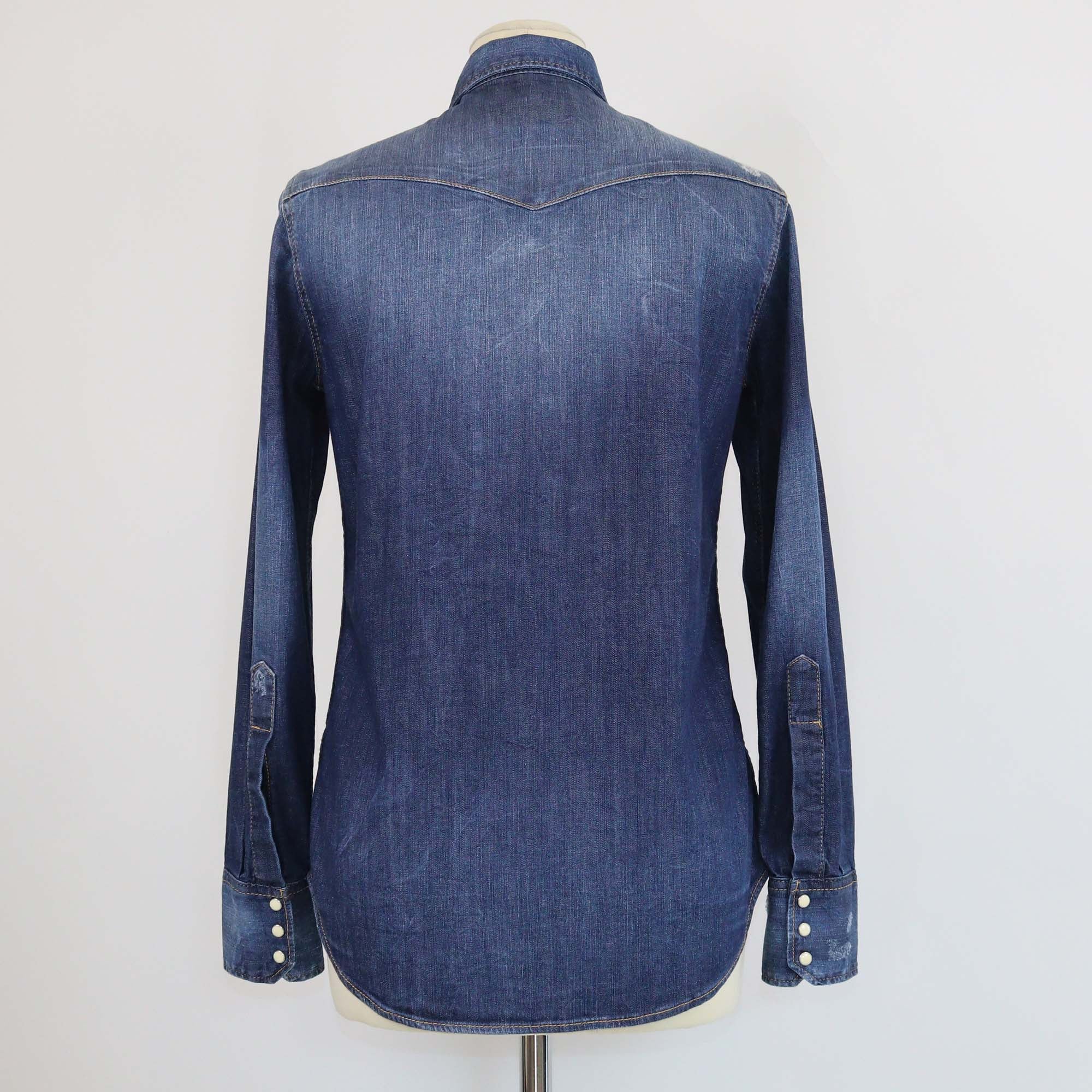 Dsquared2 Blue Washed Denim Distressed Long Sleeve Shirt