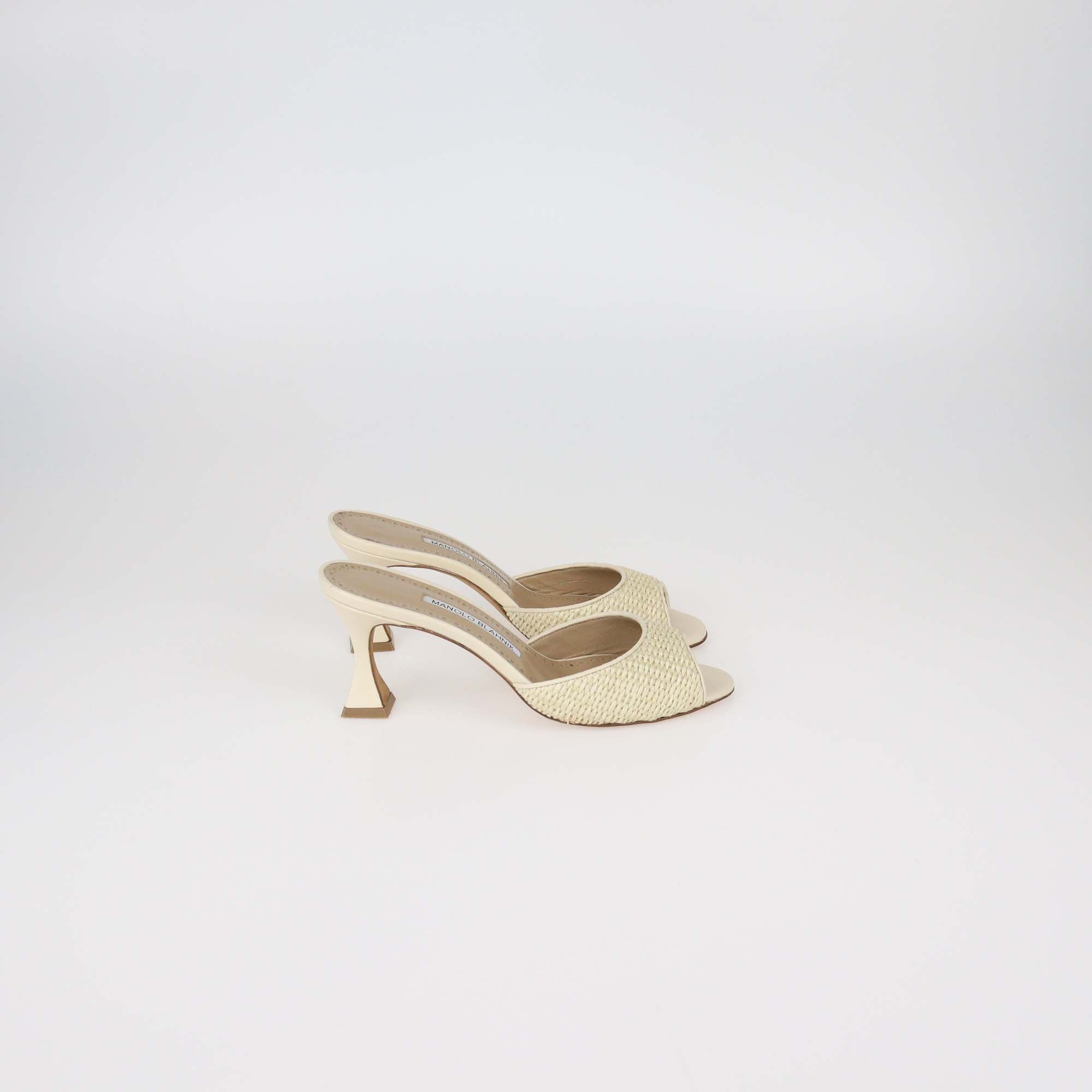Manolo Blahnik Beige Raffia and Leather Jadara Open Toe Slide Sandals