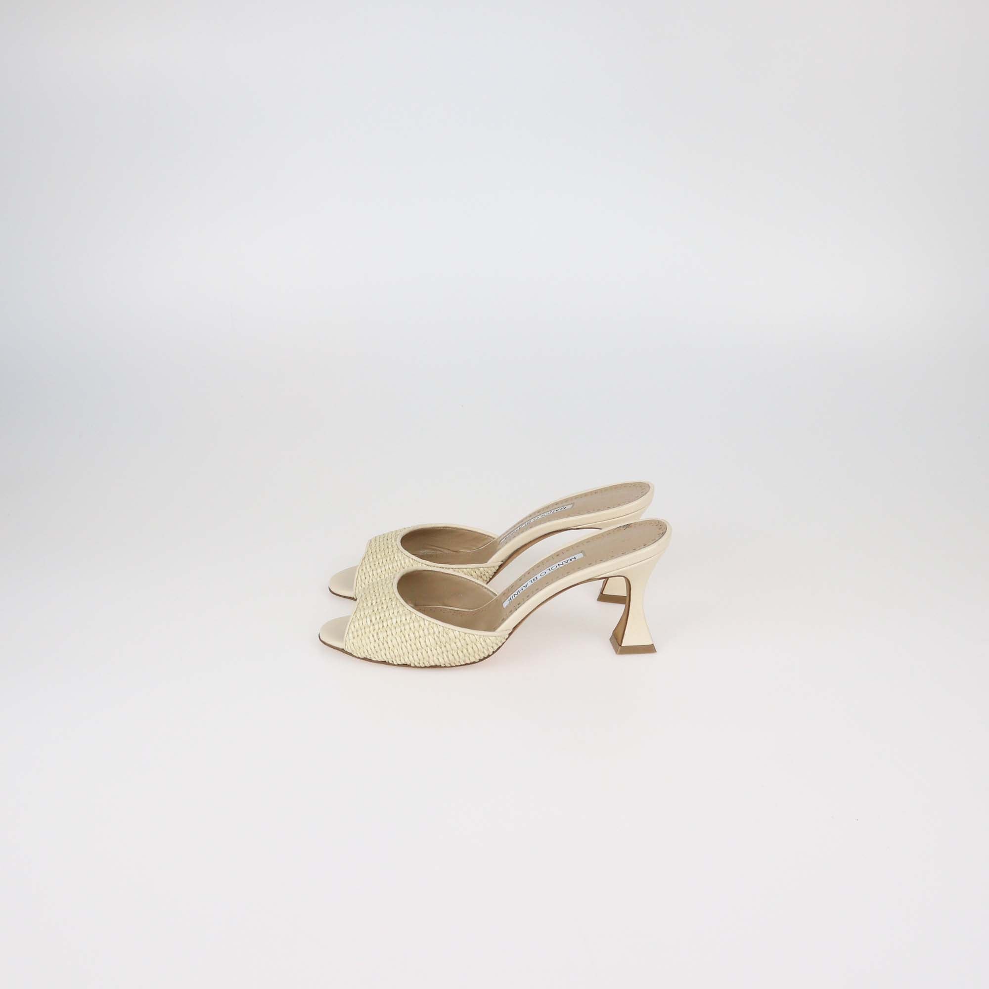 Manolo Blahnik Beige Raffia and Leather Jadara Open Toe Slide Sandals