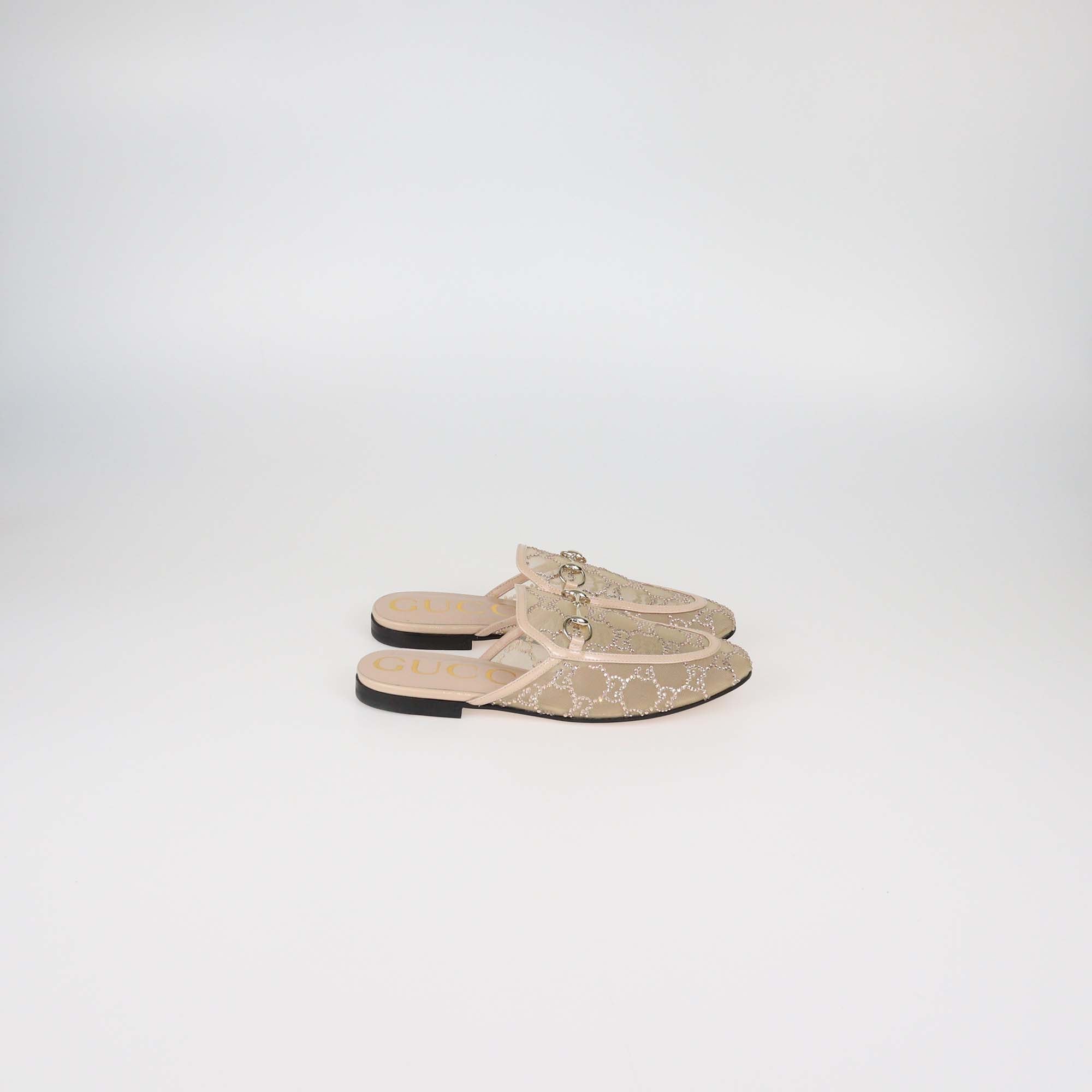 Gucci Beige GG Crystal-Embellished Mesh and Patent Leather Princetown Flat Mules