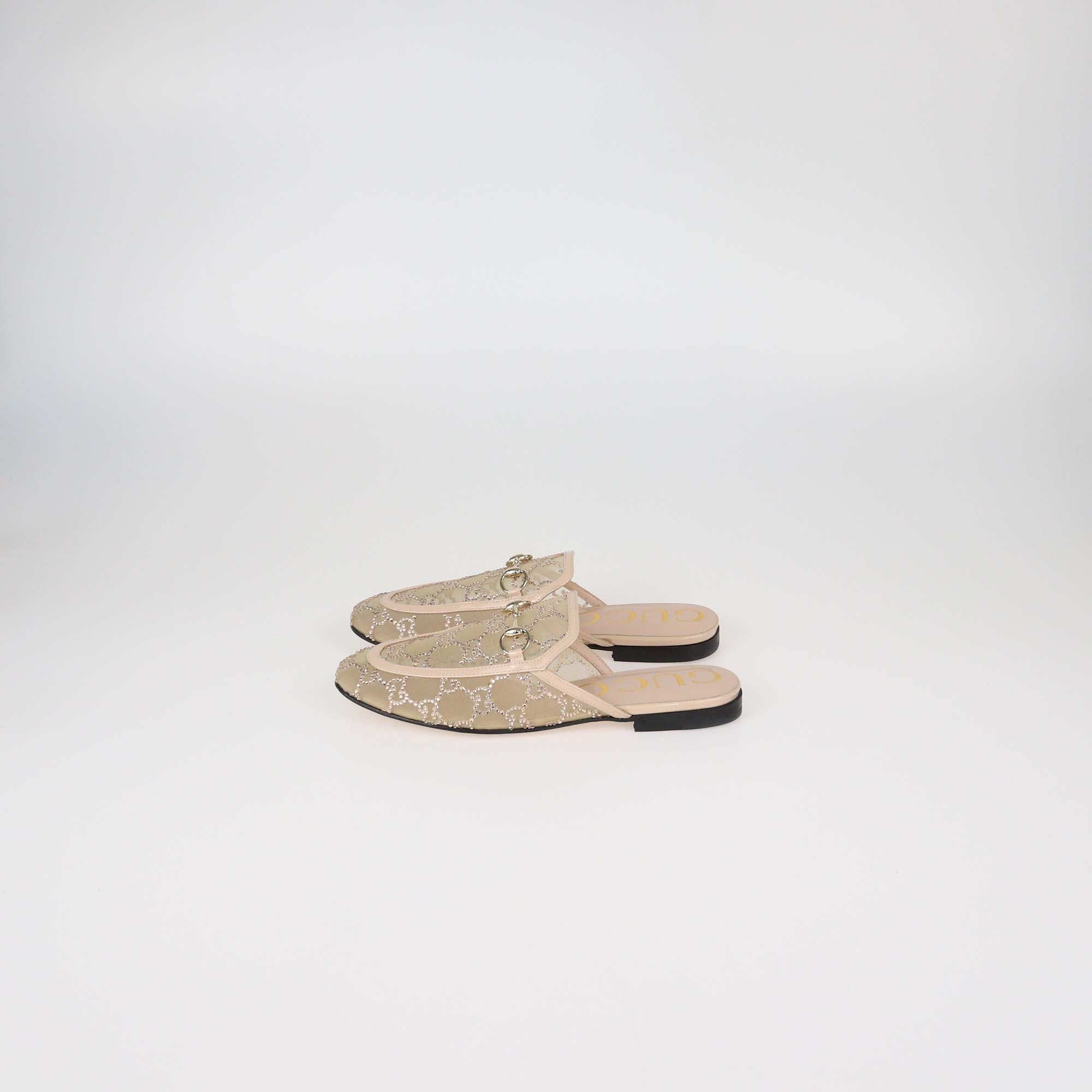 Gucci Beige GG Crystal-Embellished Mesh and Patent Leather Princetown Flat Mules