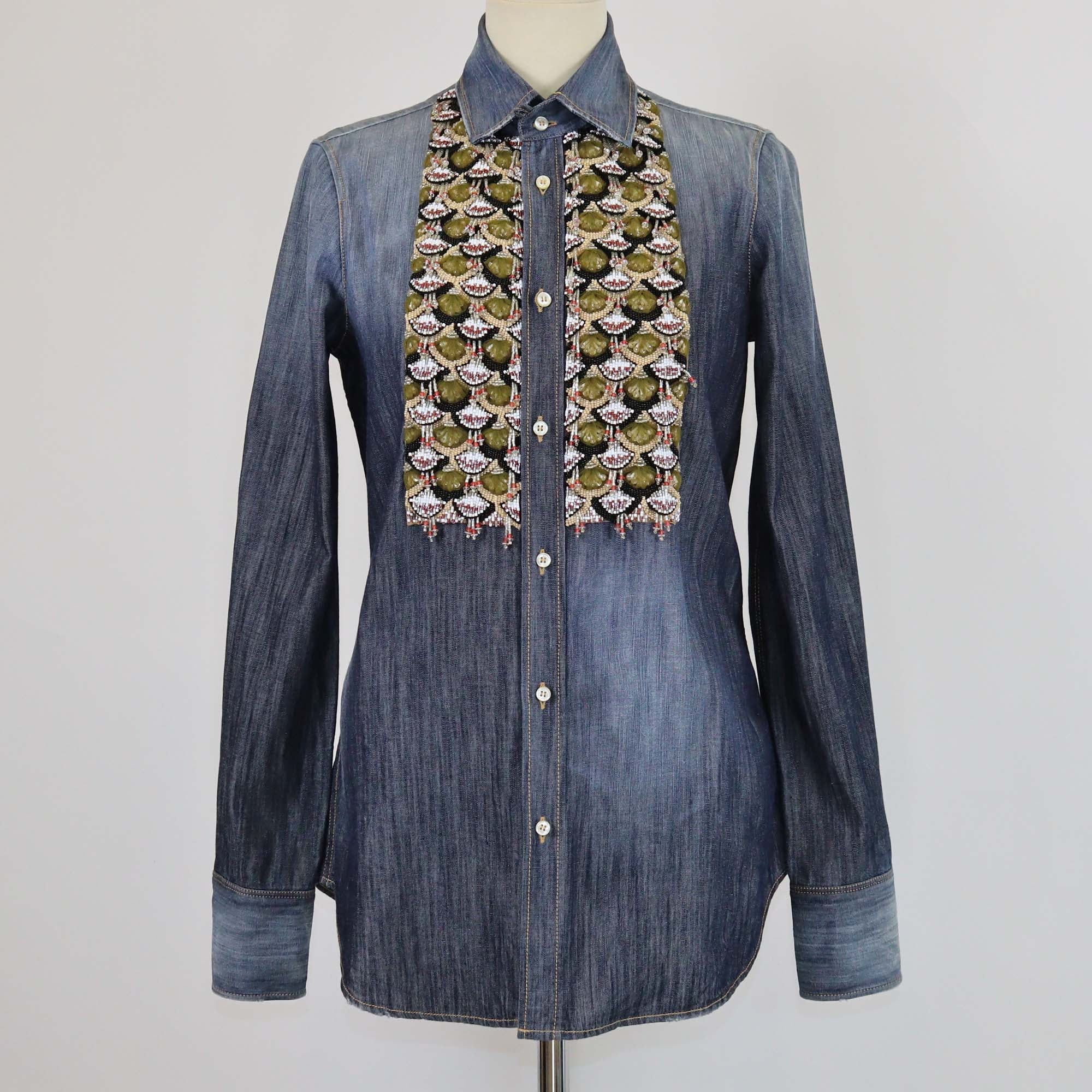 Dsquared2 Blue Denim Beaded Embellished Long Sleeve Shirt