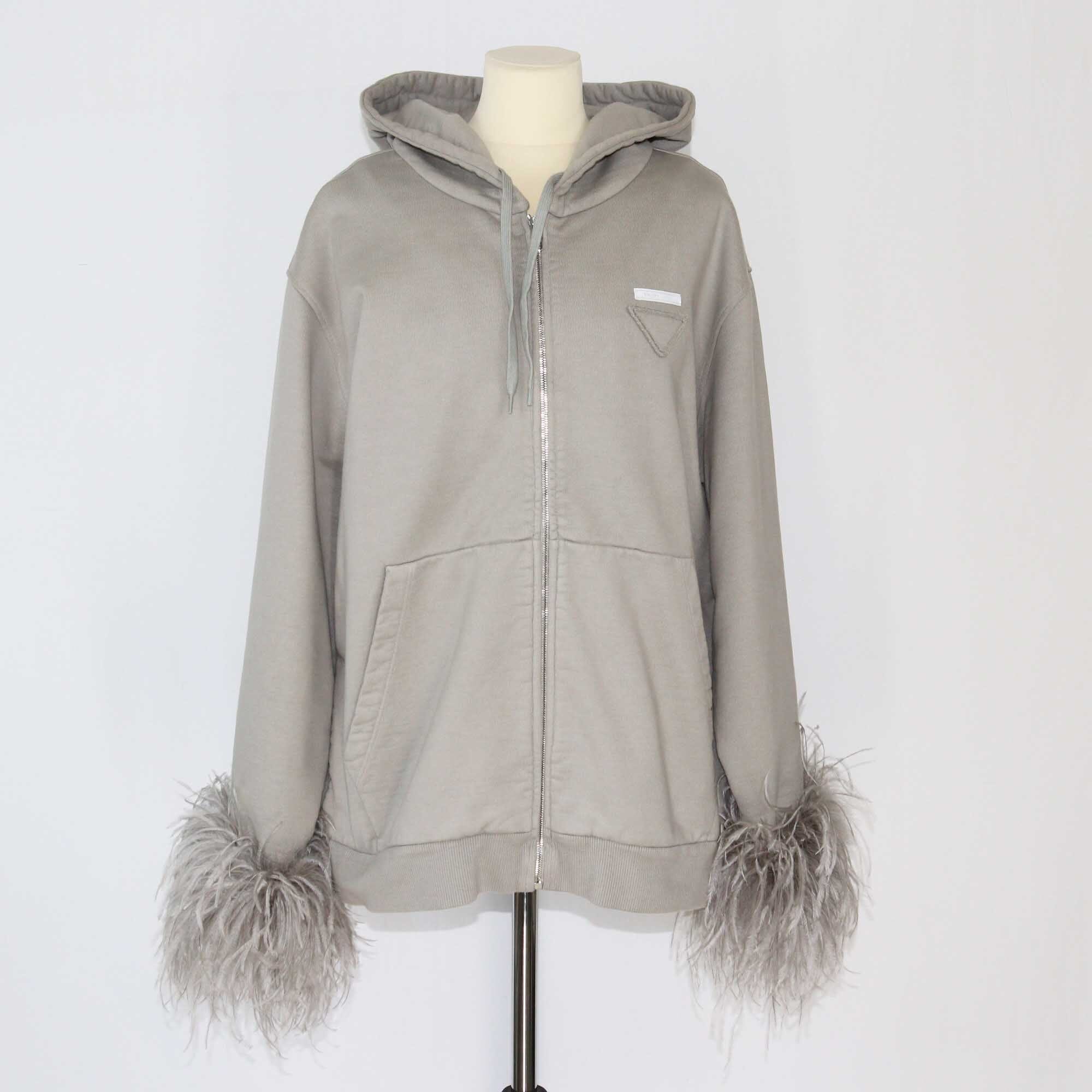 Prada Gray Feather Trimmed Hoodie Jacket Clothing Prada