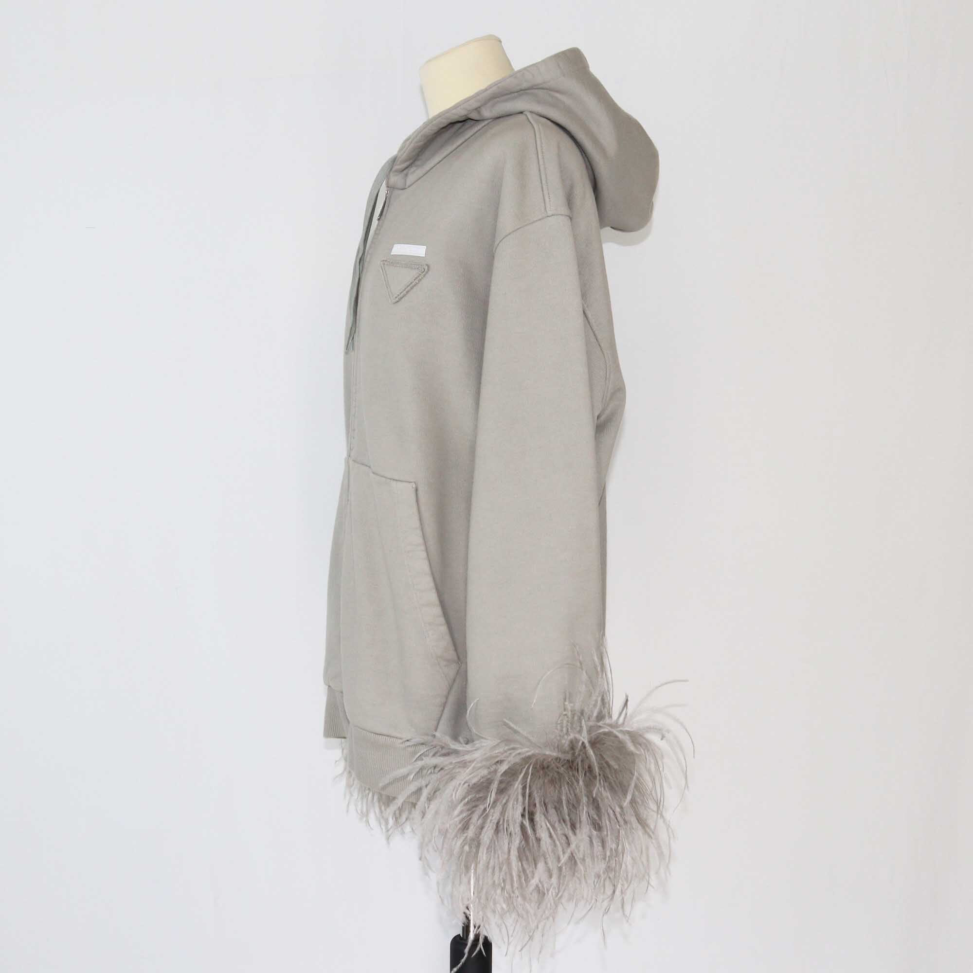 Prada Gray Feather Trimmed Hoodie Jacket Clothing Prada