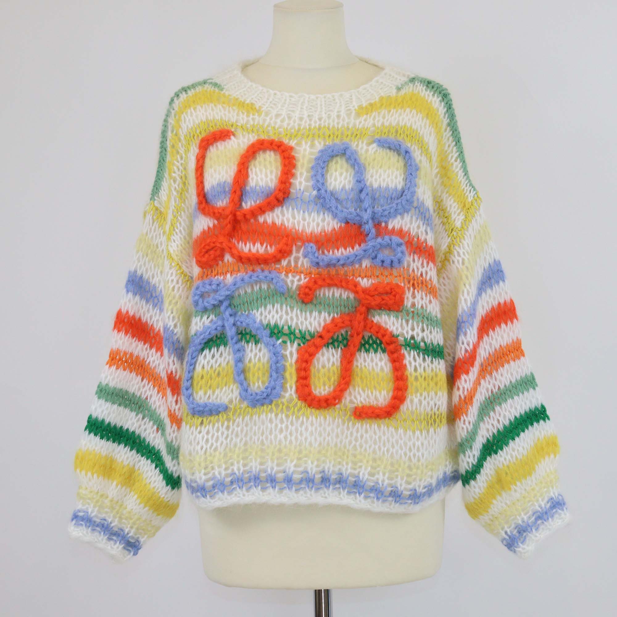 Loewe Multicolor Mohair Anagram Embroidered Cable Knit Long Sleeve Sweater