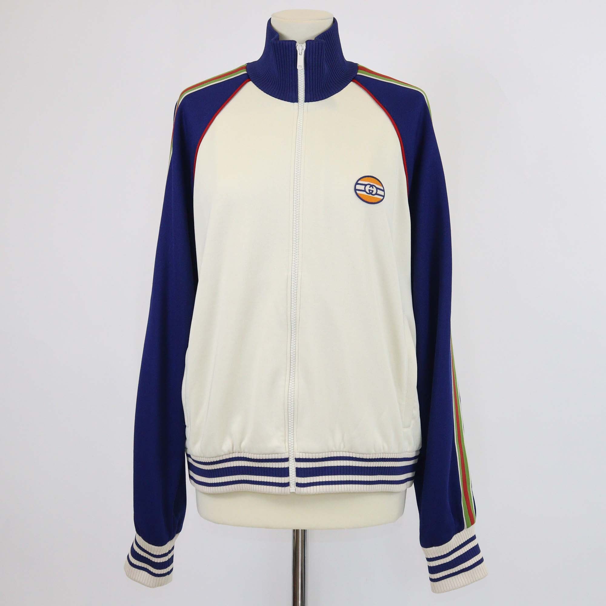 Gucci Beige/Blue Knit Web Stripe Detail Zip Front Jacket