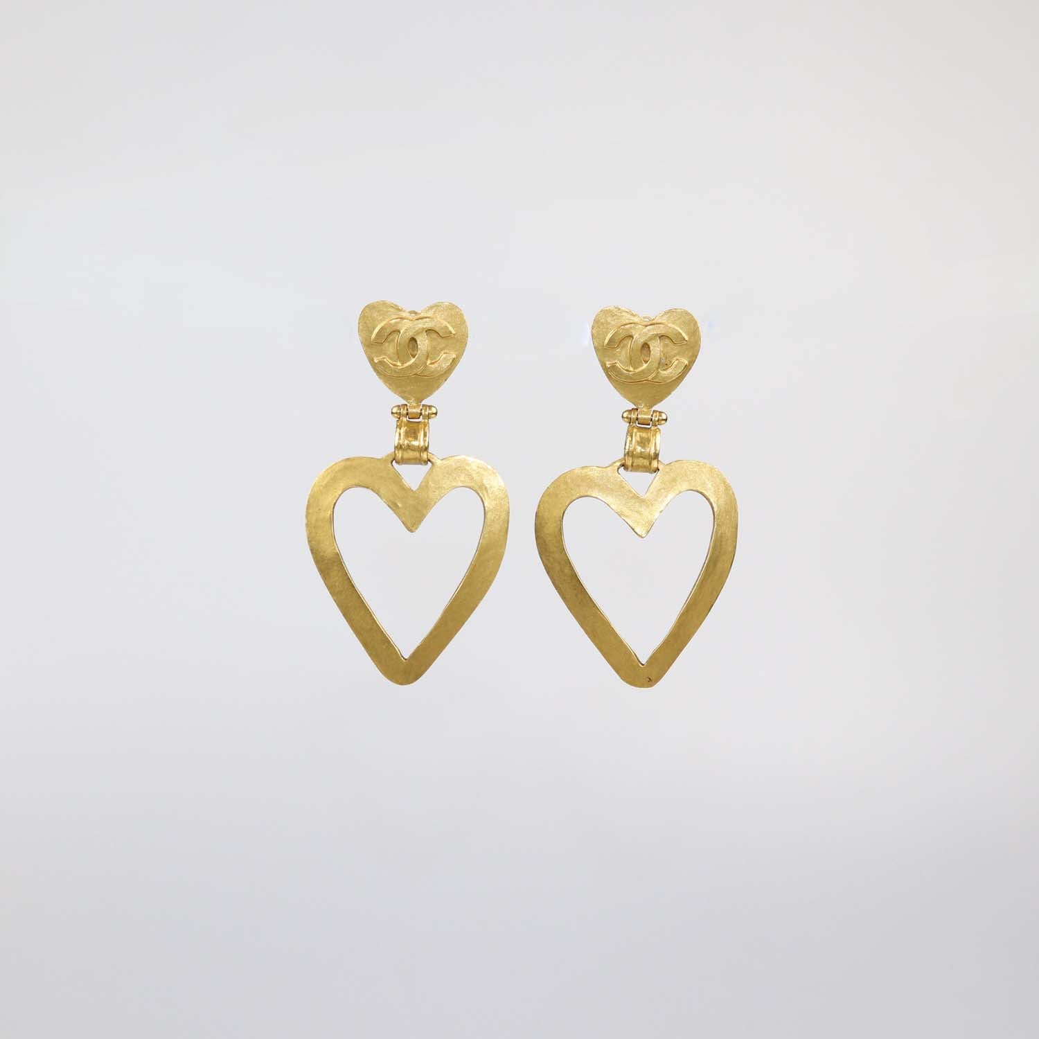 Chanel Gold Plated CC Heart Dangle Clip On Earrings
