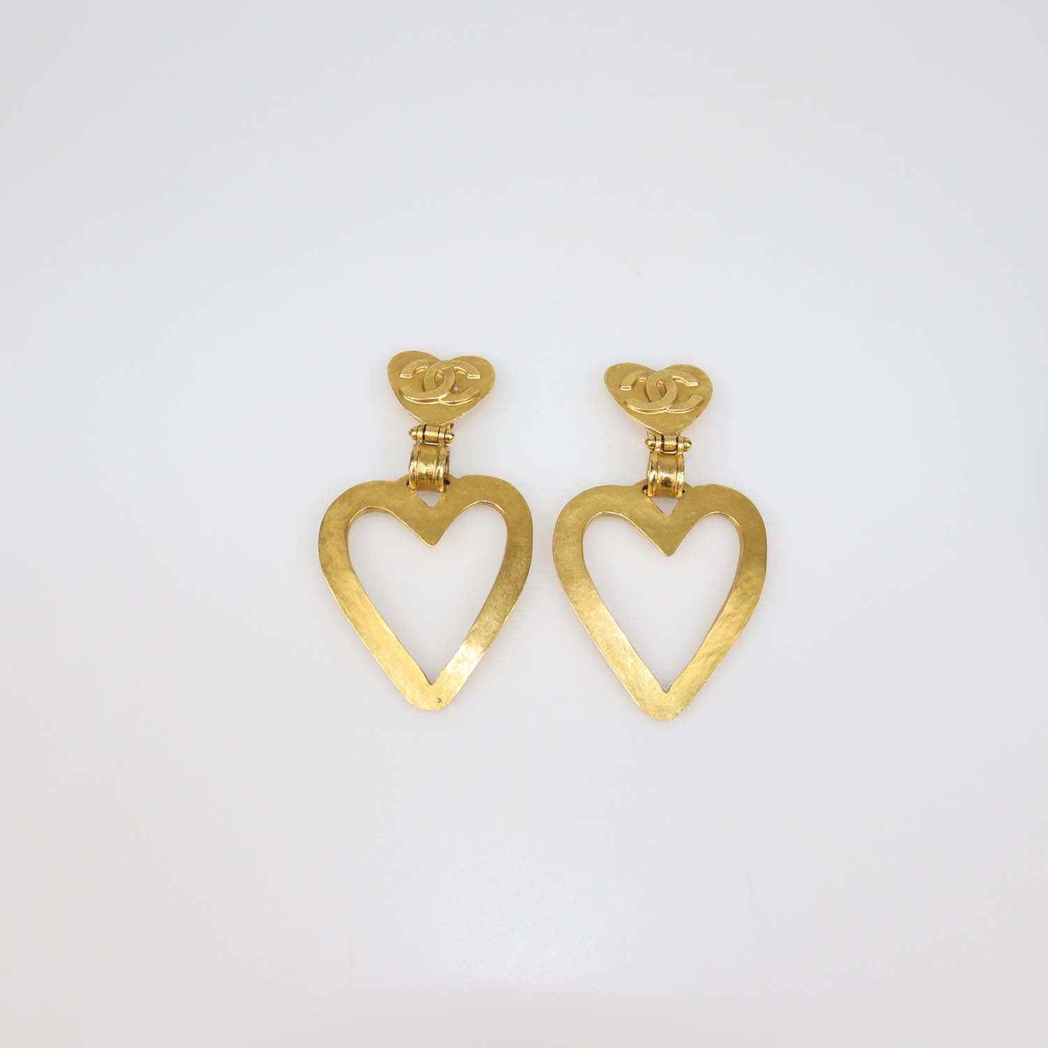 Chanel Gold Plated CC Heart Dangle Clip On Earrings