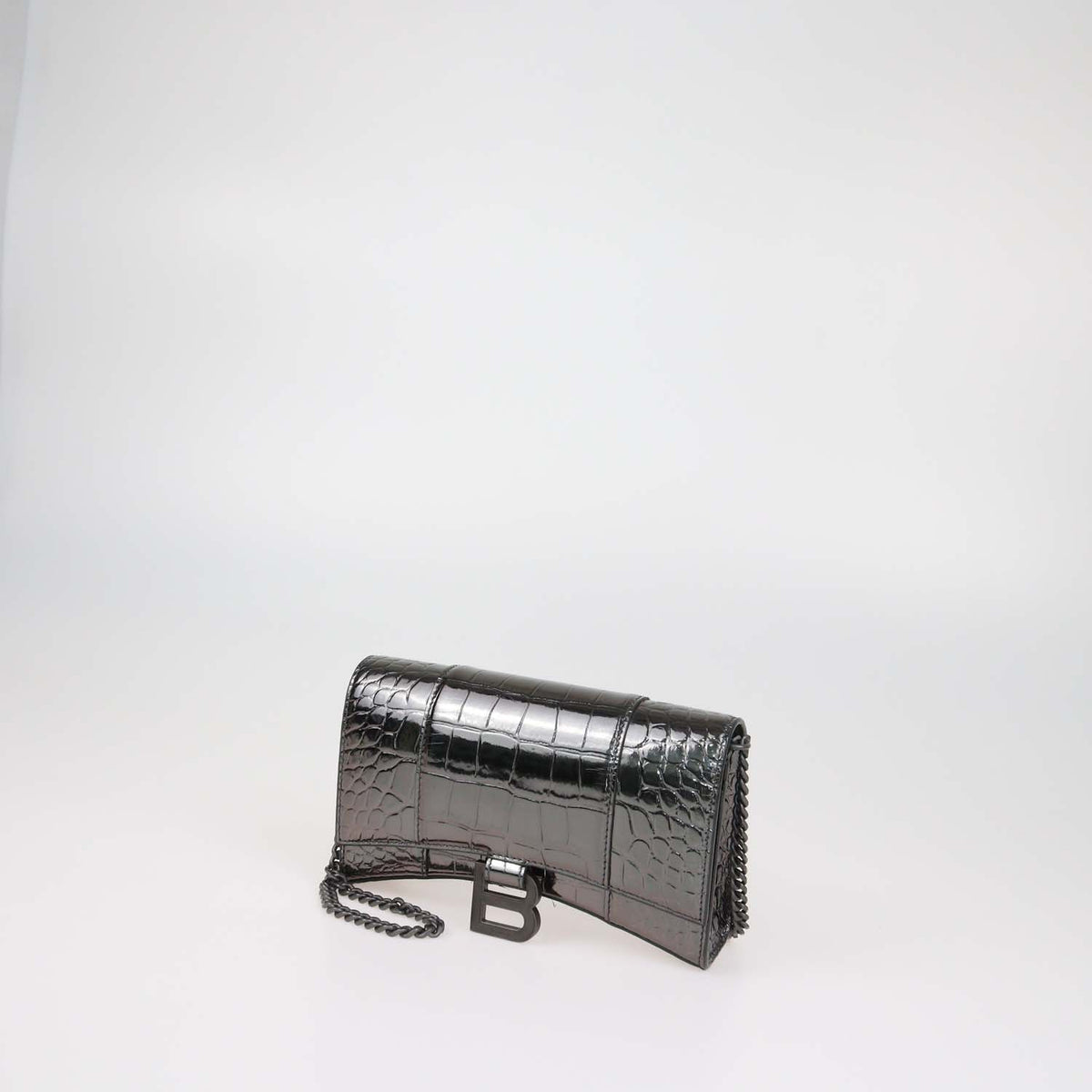 Balenciaga Metallic Croc Embossed Patent Leather Hourglass Wallet On Chain