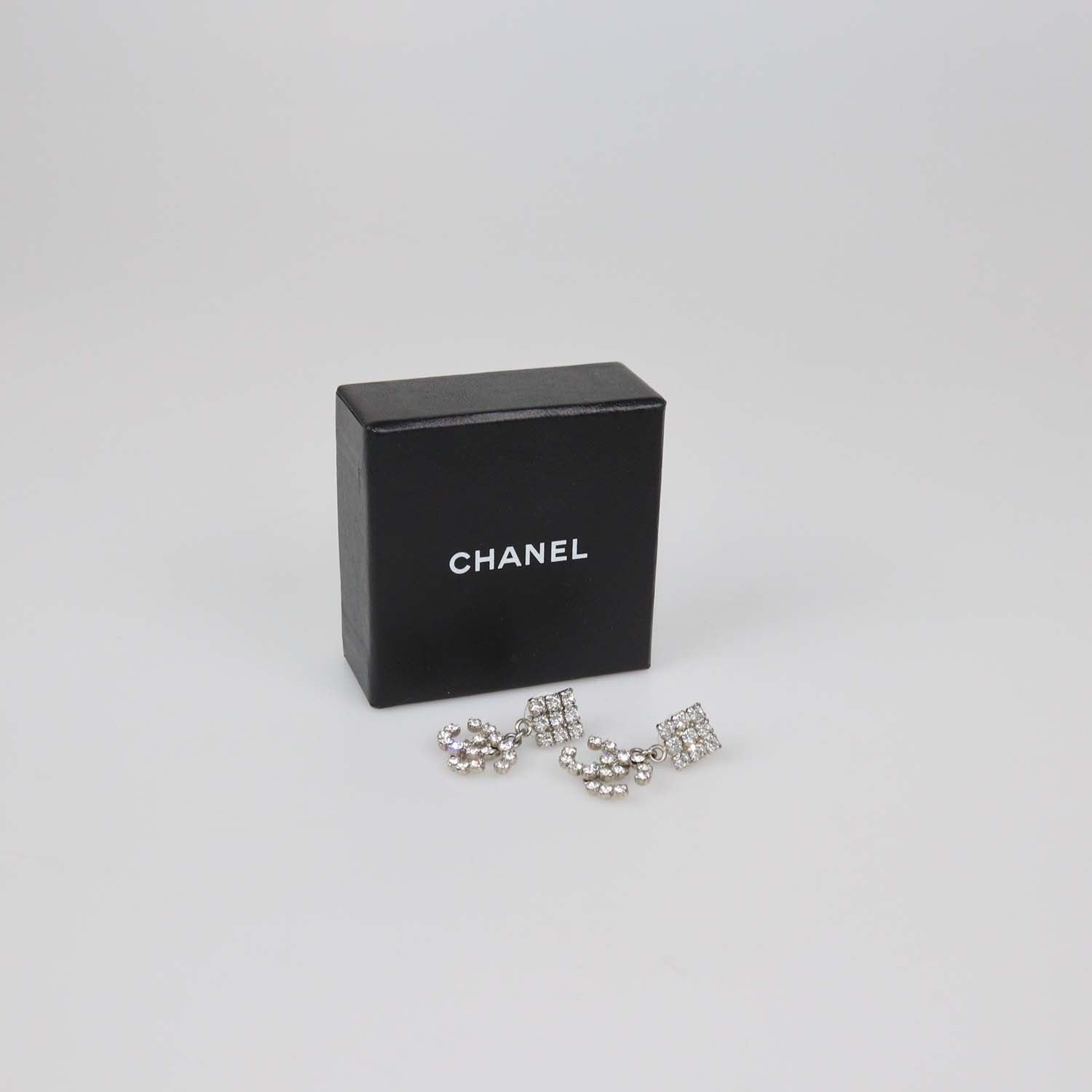 Chanel Silver Tone CC Crystal Brass Drop Push Back Earrings
