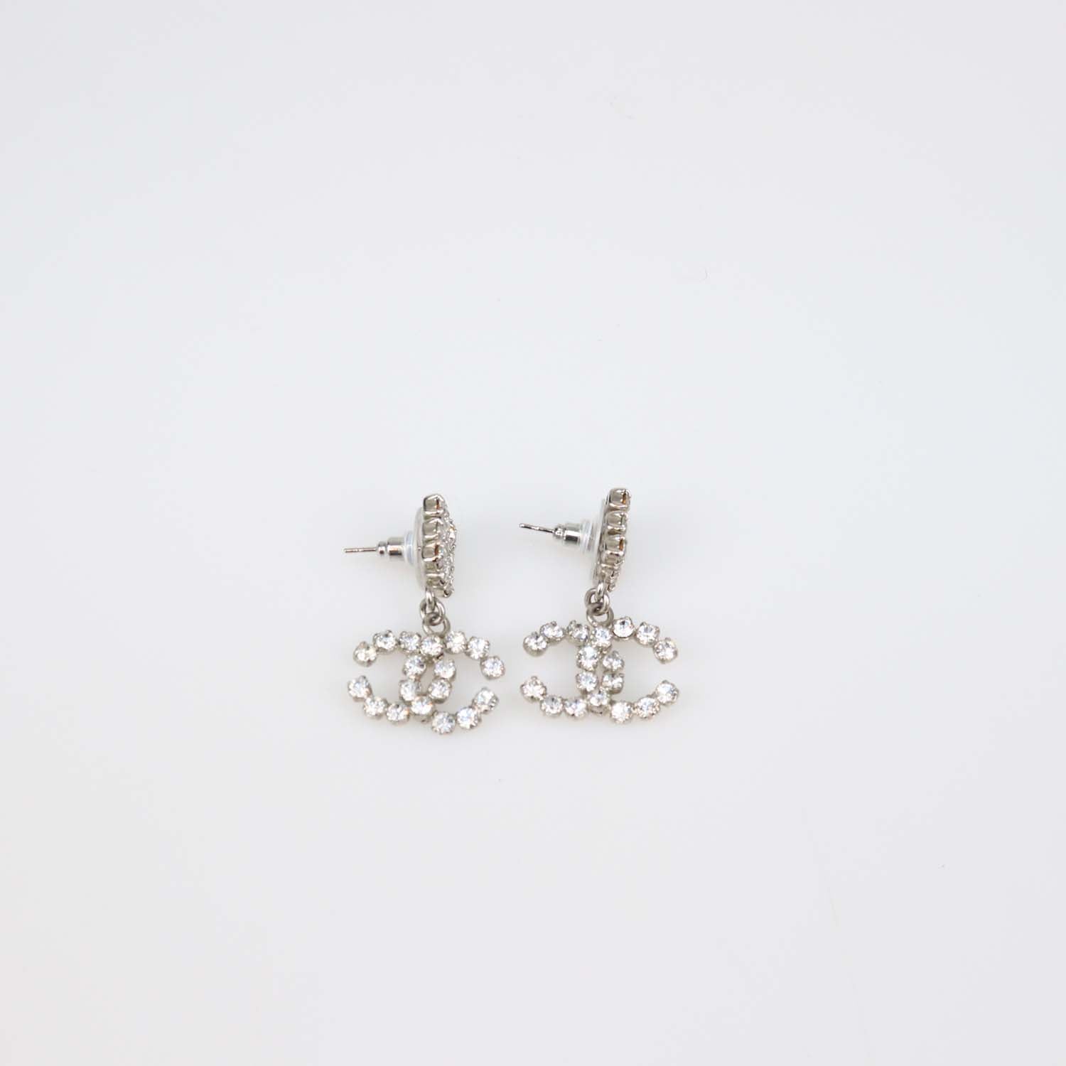 Chanel Silver Tone CC Crystal Brass Drop Push Back Earrings