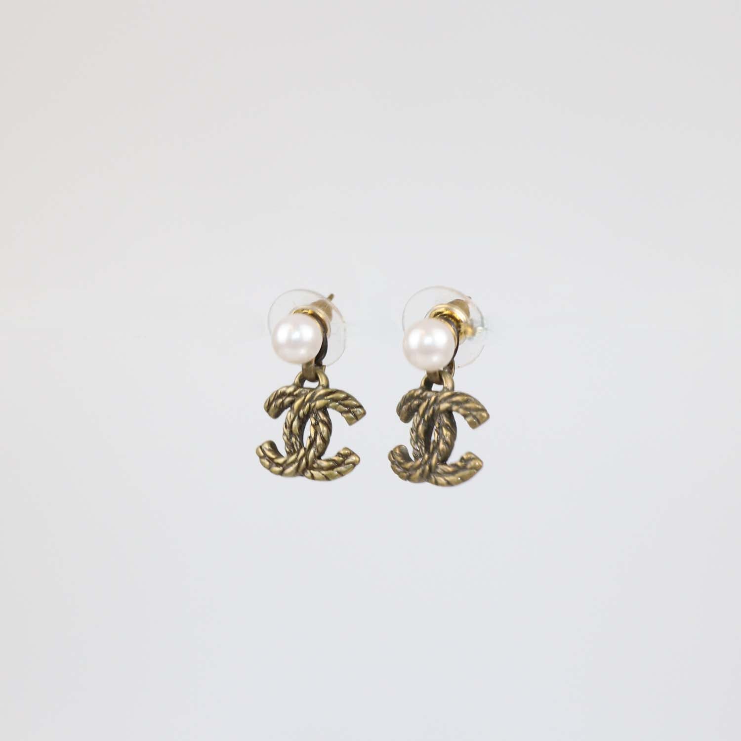 Chanel Gold Plated CC Faux Pearl Rope Drop Push Back Earrings