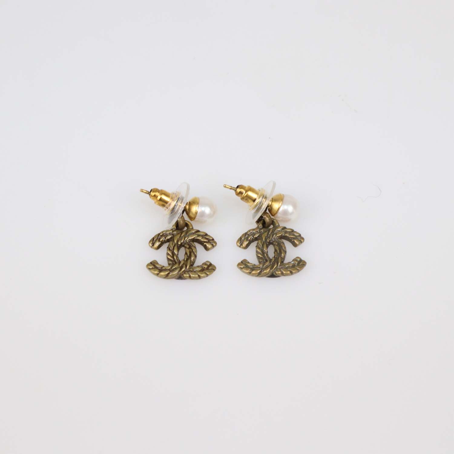Chanel Gold Plated CC Faux Pearl Rope Drop Push Back Earrings