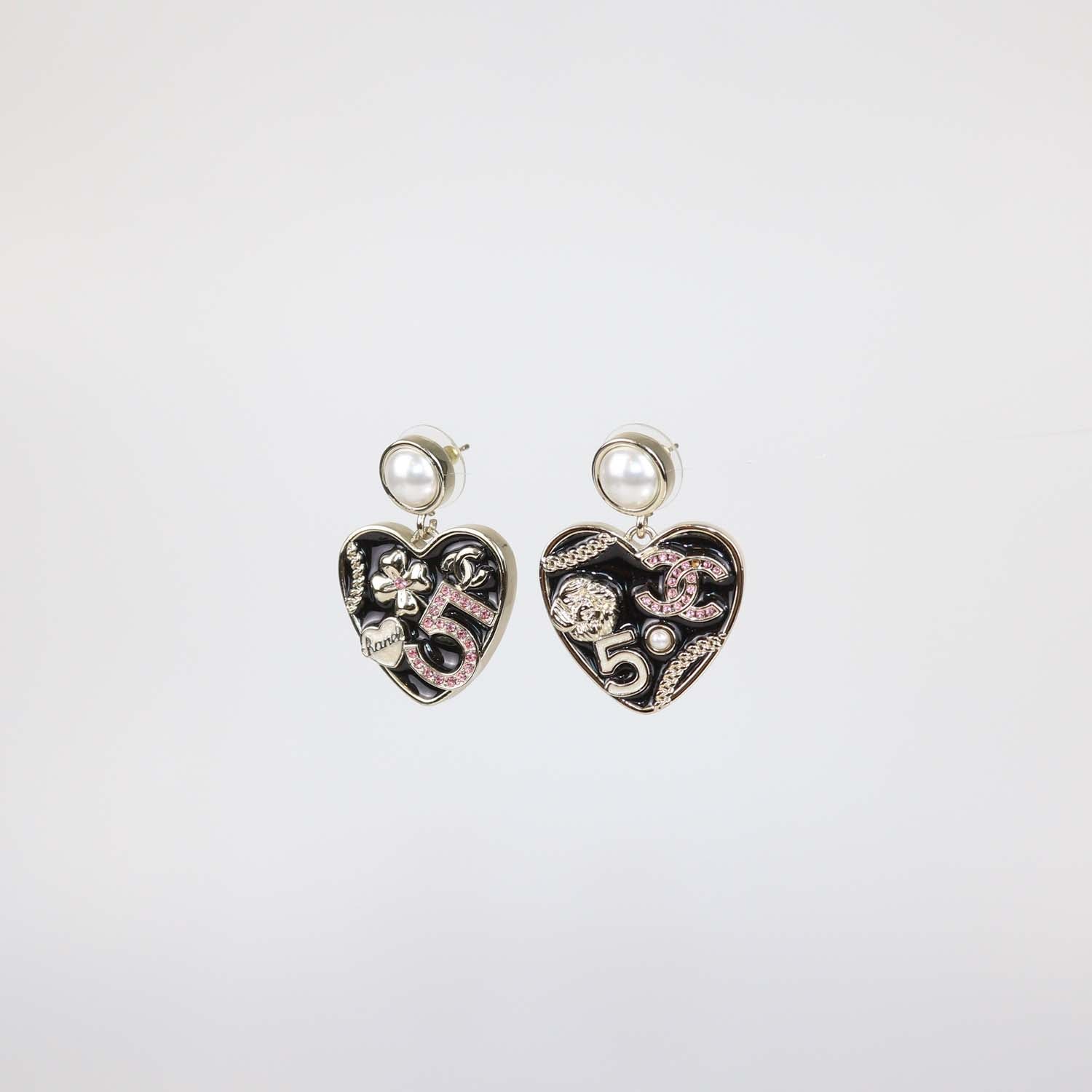Chanel Black, Gold Plated CC and Camellia Faux Pearl and Resin Heart Drop Earrings