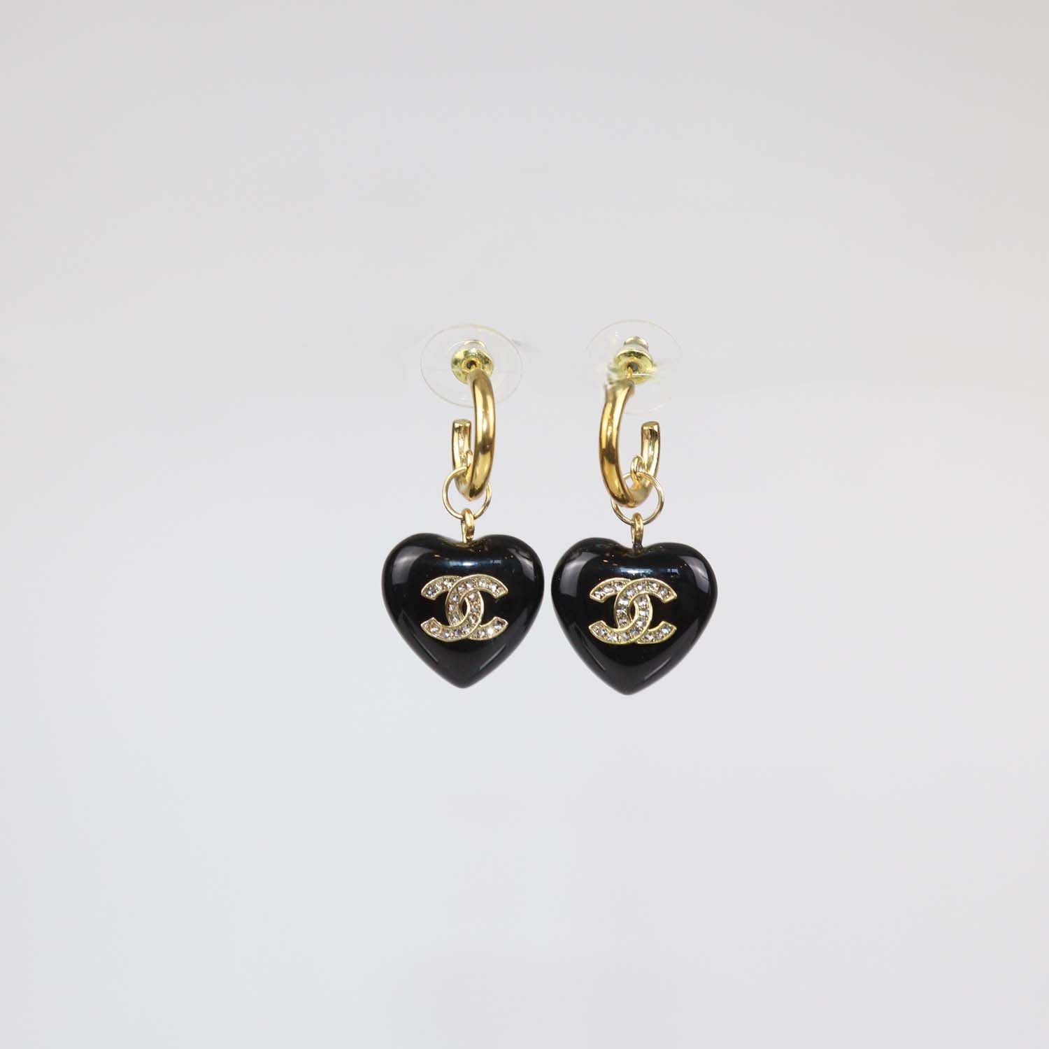 Chanel Black Crystal CC Gold Plated Resin and Strass Heart Drop Push Back Earrings