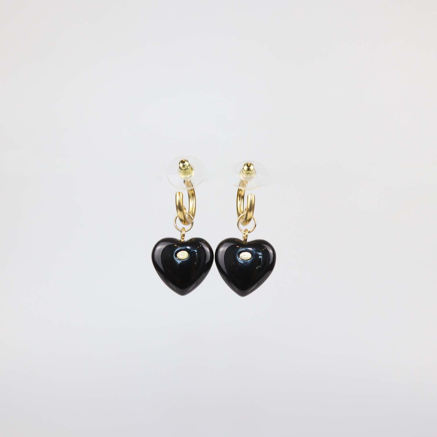 Chanel Black Crystal CC Gold Plated Resin and Strass Heart Drop Push Back Earrings