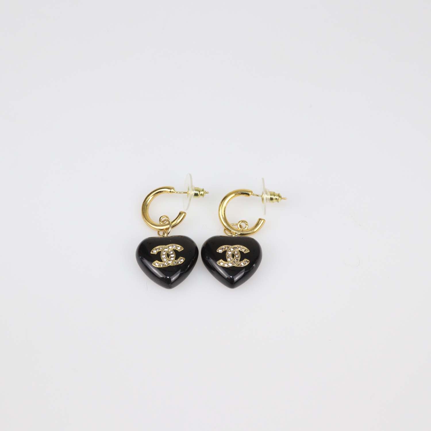 Chanel Black Crystal CC Gold Plated Resin and Strass Heart Drop Push Back Earrings