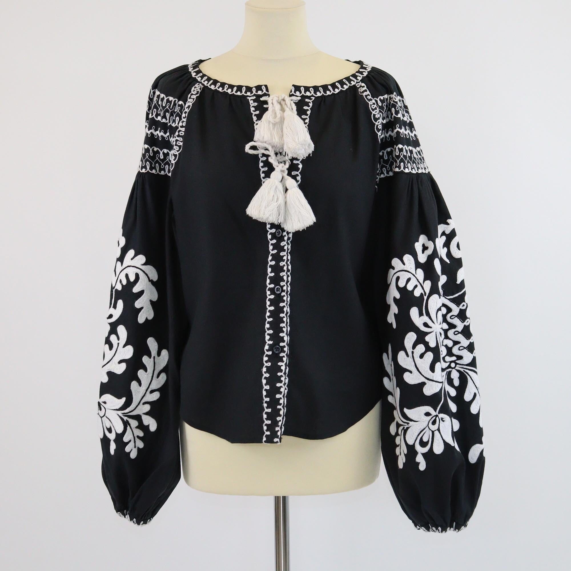 March II Black Embroidered Tassel Tie Blouse Womens March II