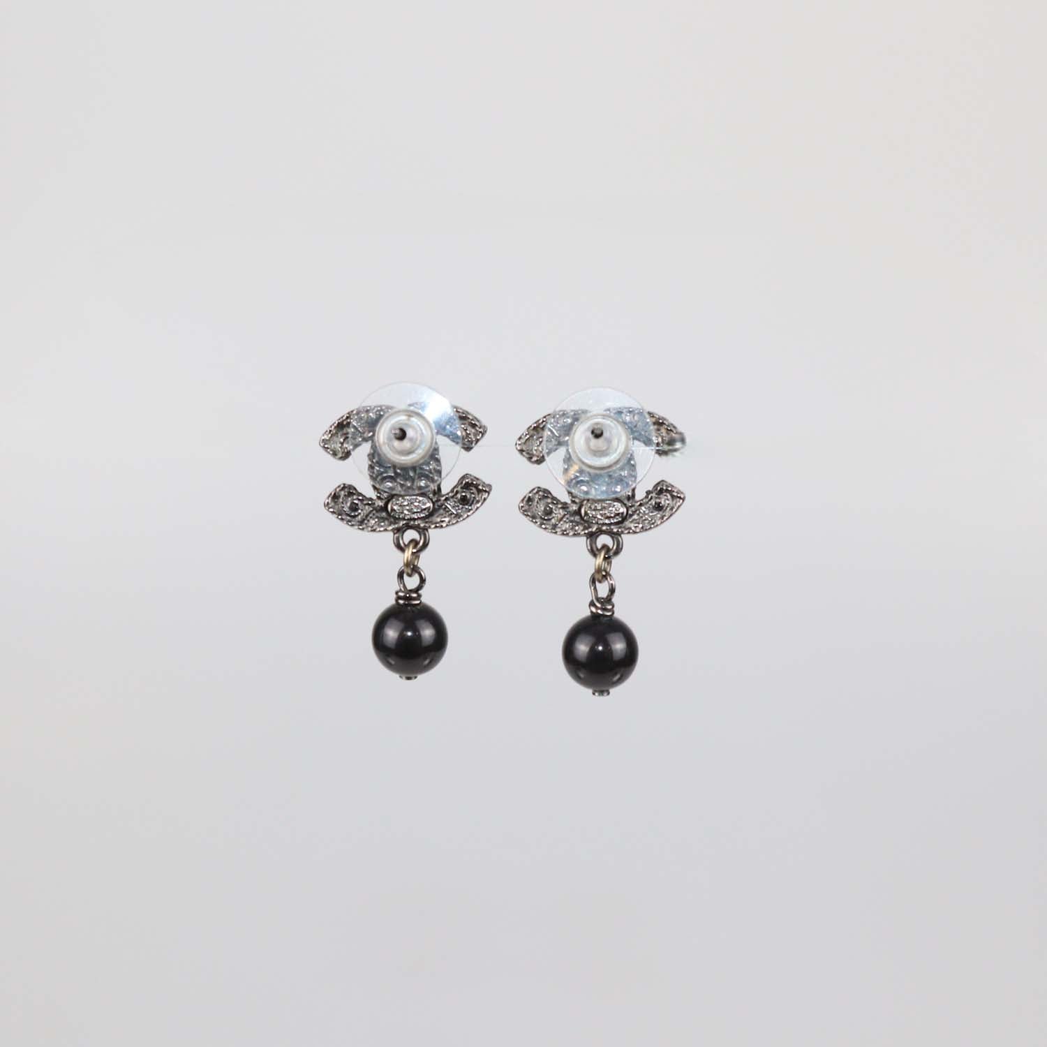 Chanel Black CC Beaded Faux Pearl Drop Push Back Earrings
