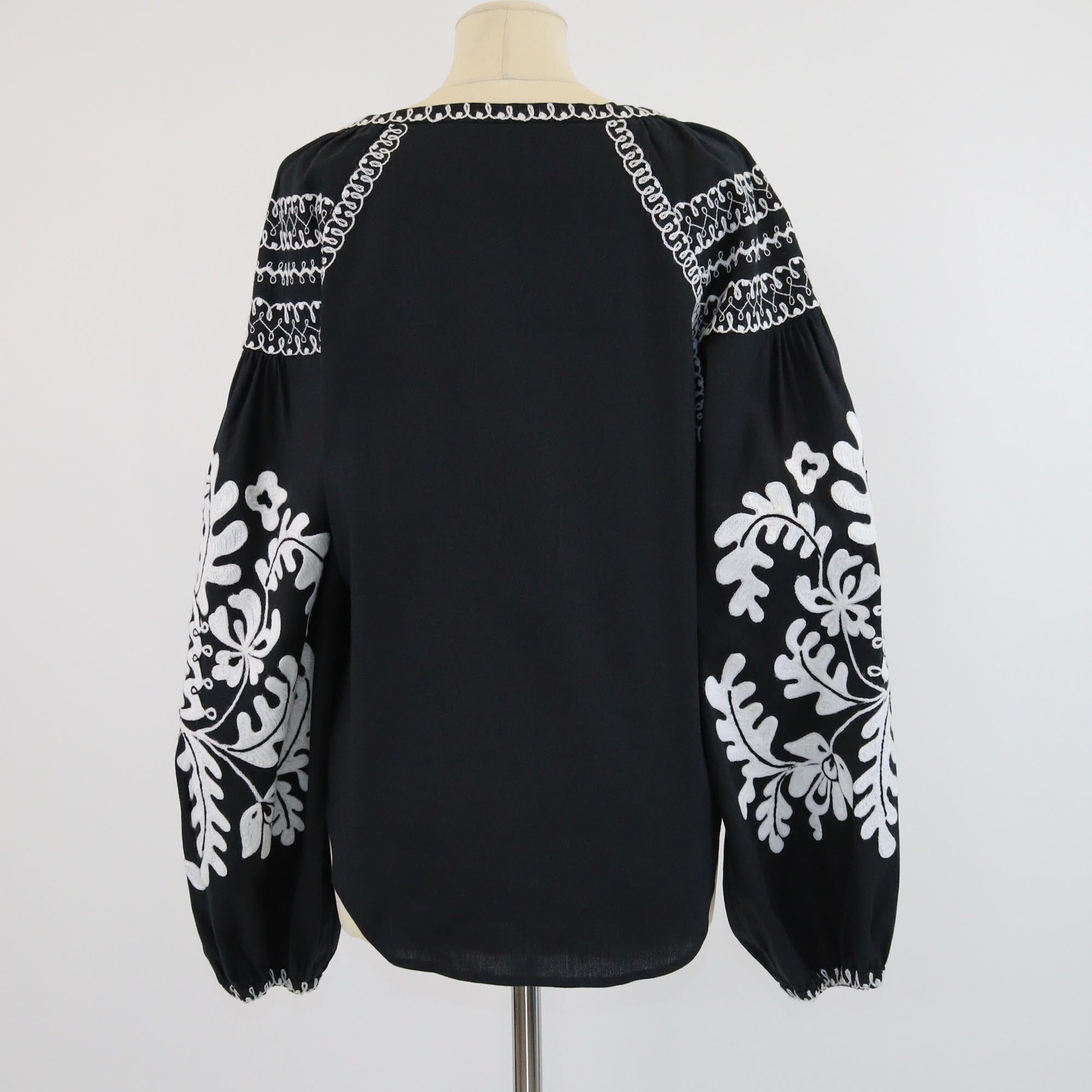 March II Black Embroidered Tassel Tie Blouse Womens March II