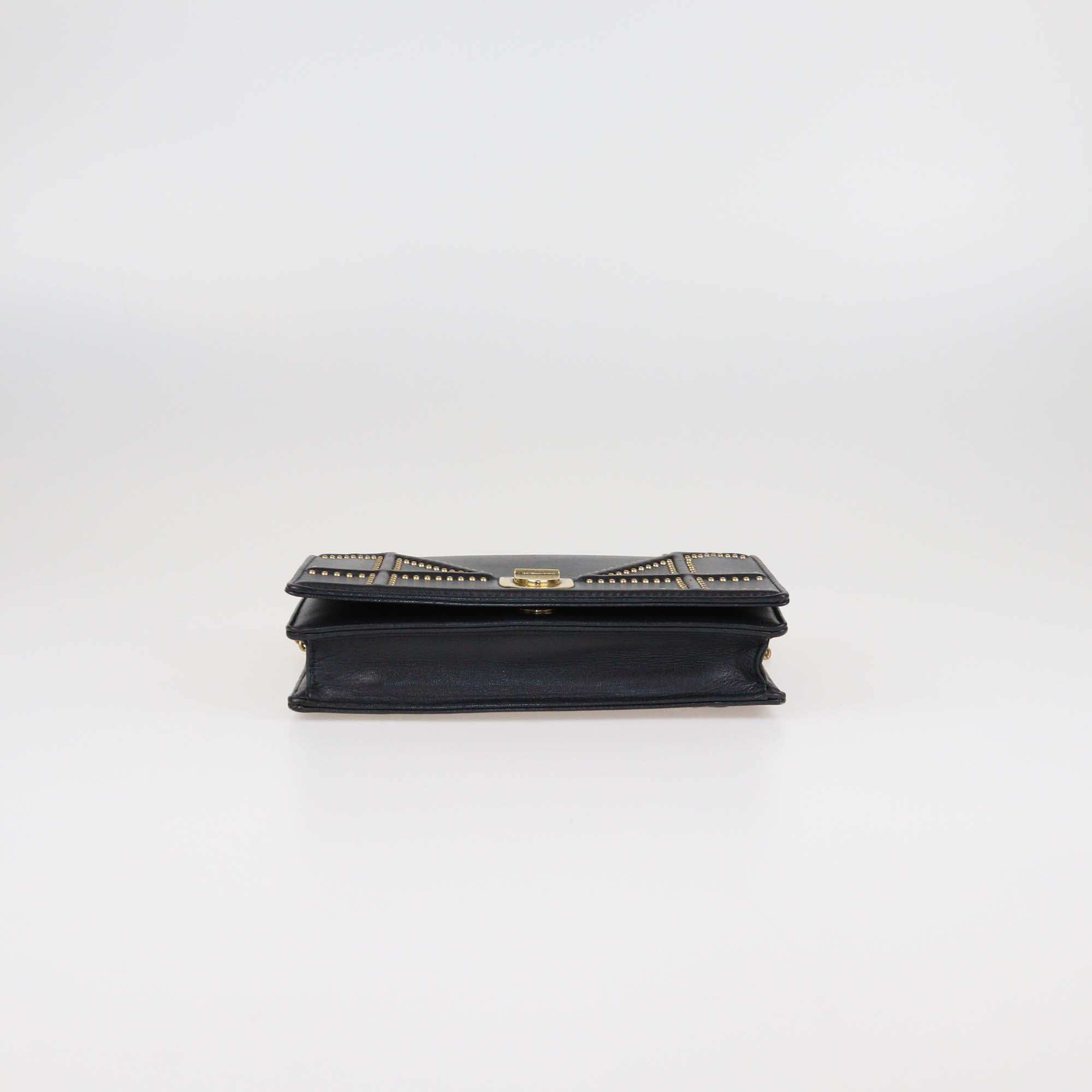 Christian Dior Black Studded Calfskin Diorama Wallet on Chain