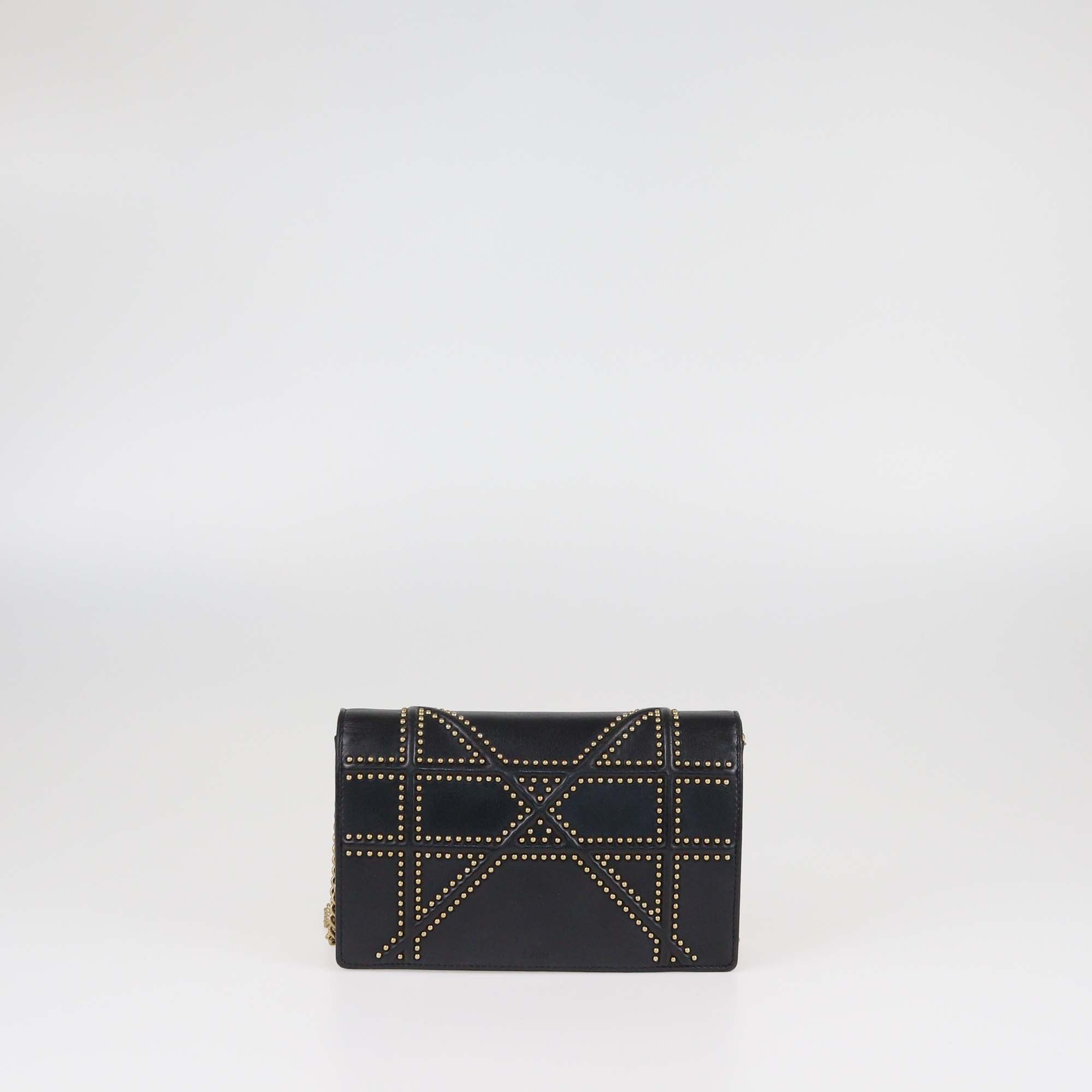 Christian Dior Black Studded Calfskin Diorama Wallet on Chain