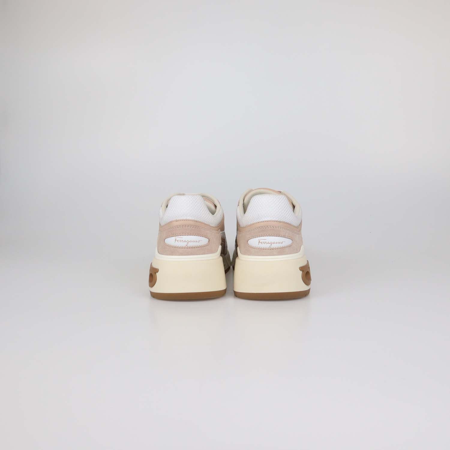 Salvatore Ferragamo Beige/White Leather and Mesh Cosma Low Top Sneakers