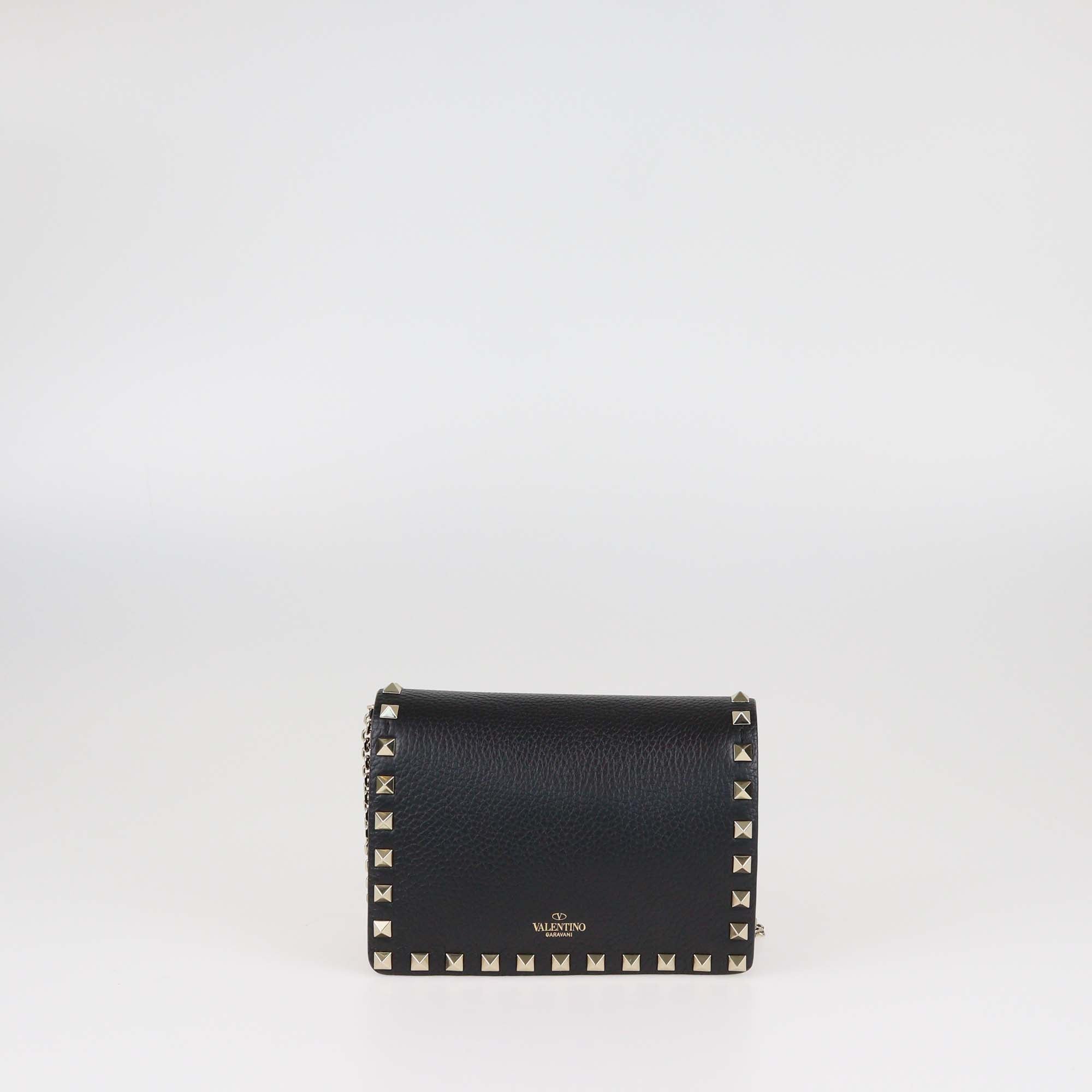 Valentino Black Pebbled Calfskin Rockstud Chain Wallet