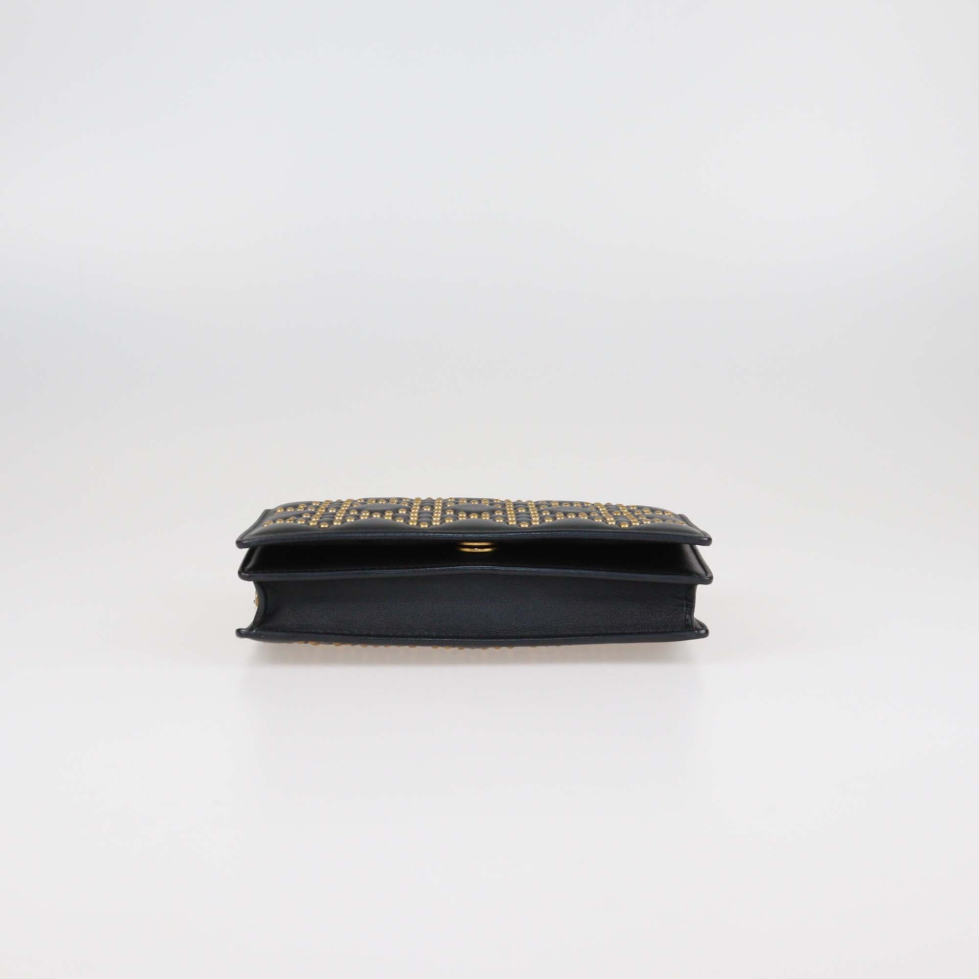 Christian Dior Black Studded Calfskin Cannage Lady Dior Wallet on Chain
