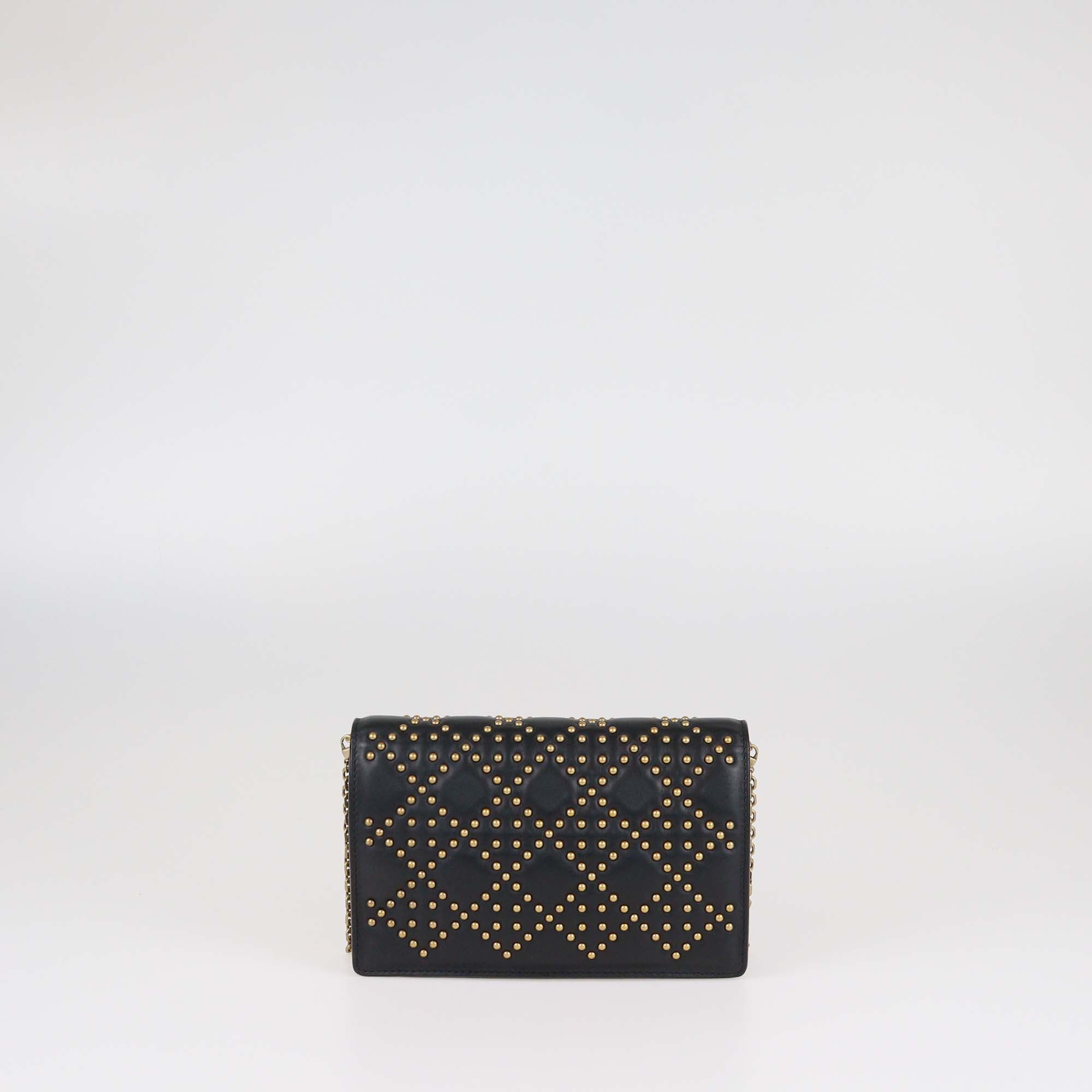 Christian Dior Black Studded Calfskin Cannage Lady Dior Wallet on Chain
