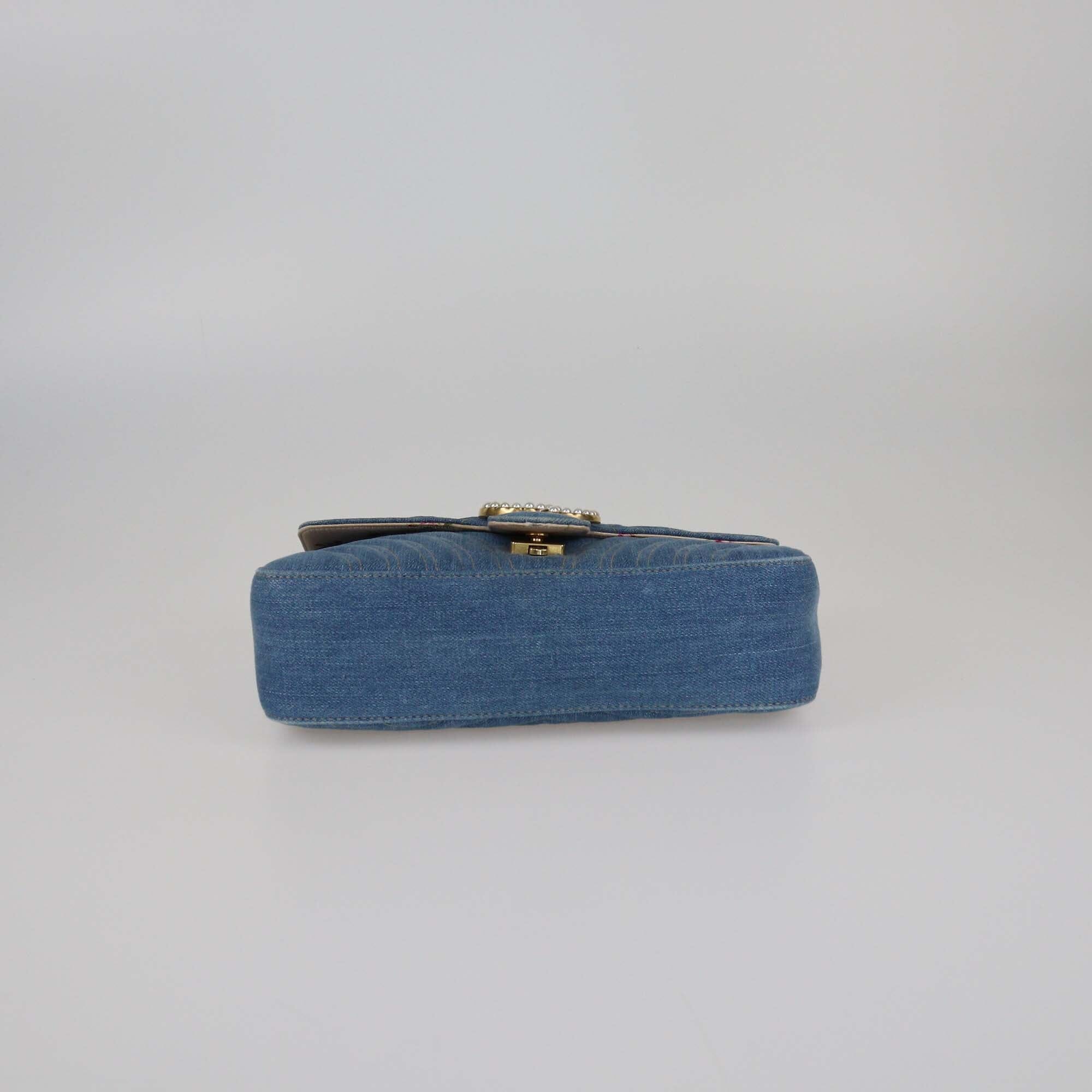 Gucci Blue Matelasse Denim Small Pearl GG Marmont Shoulder Bag Womens Gucci