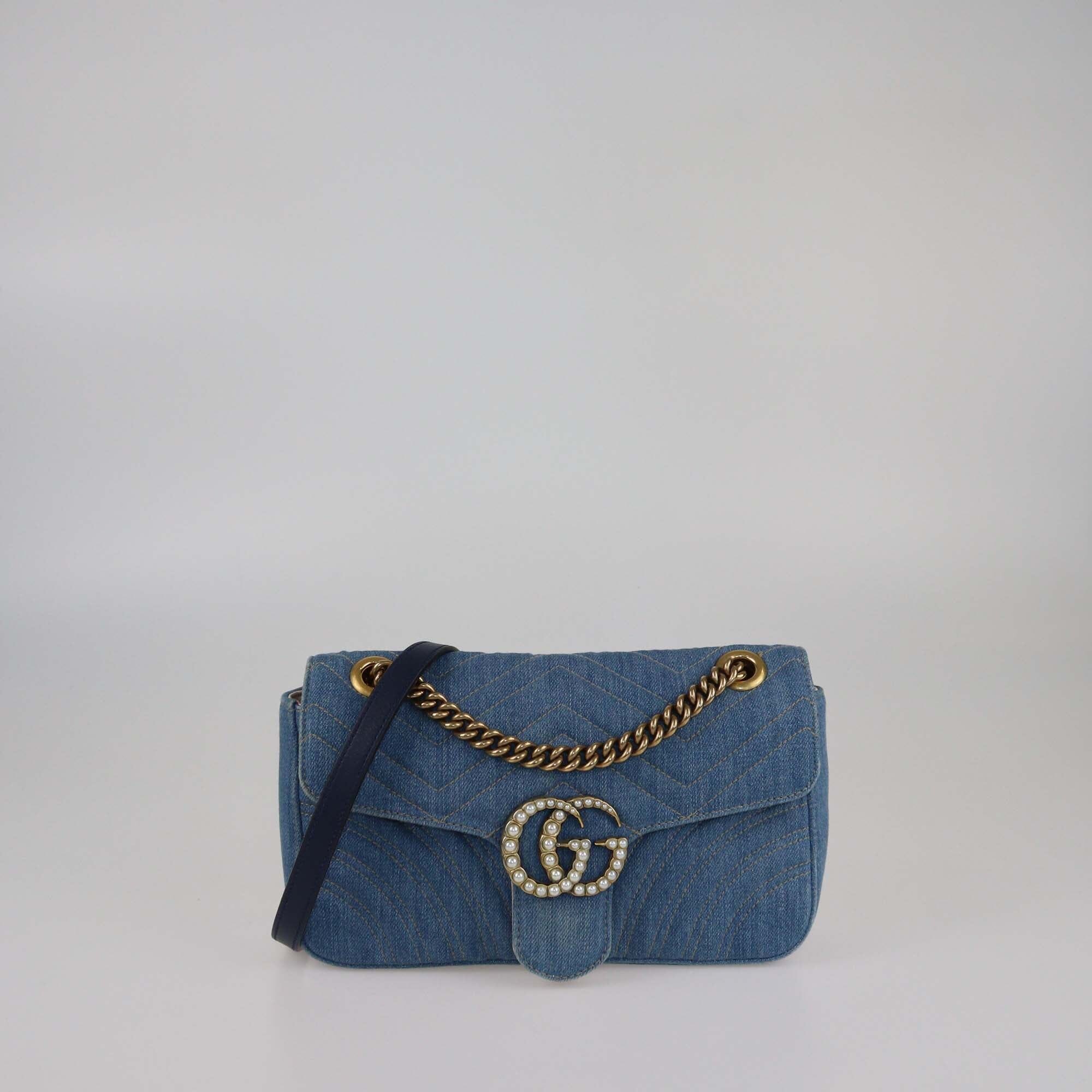 Gucci Blue Matelasse Denim Small Pearl GG Marmont Shoulder Bag Womens Gucci