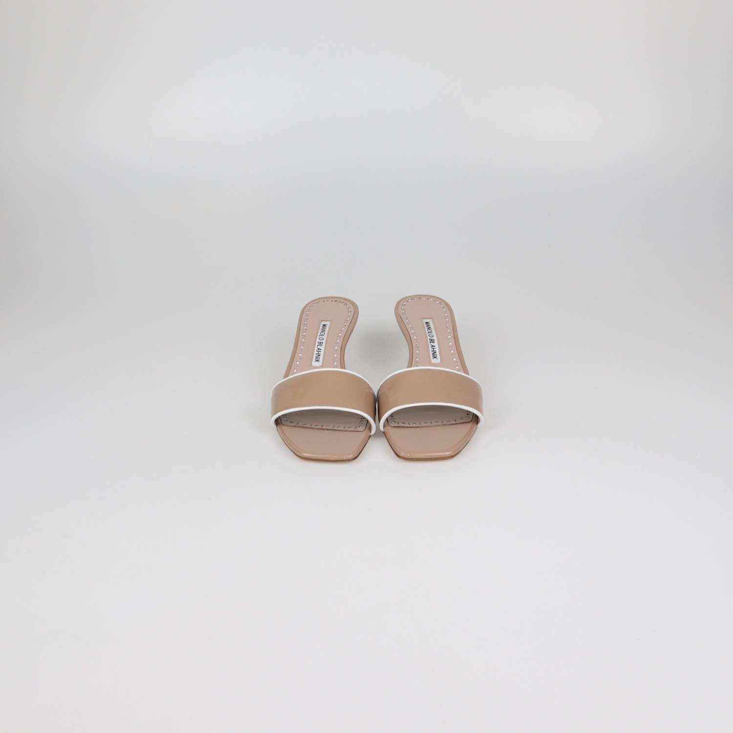 Manolo Blahnik Beige/White Patent Leather Helamu Sandals