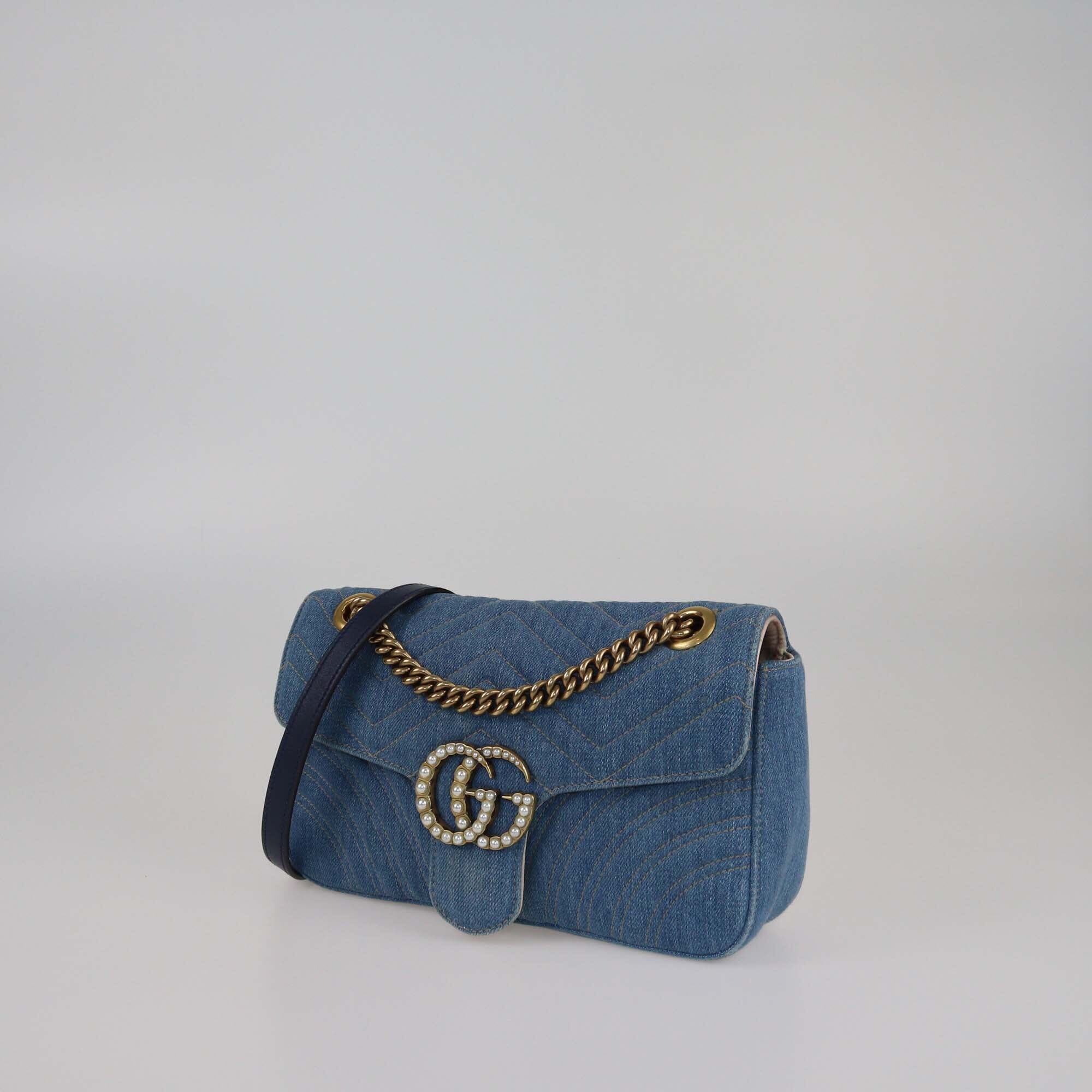 Gucci Blue Matelasse Denim Small Pearl GG Marmont Shoulder Bag Womens Gucci