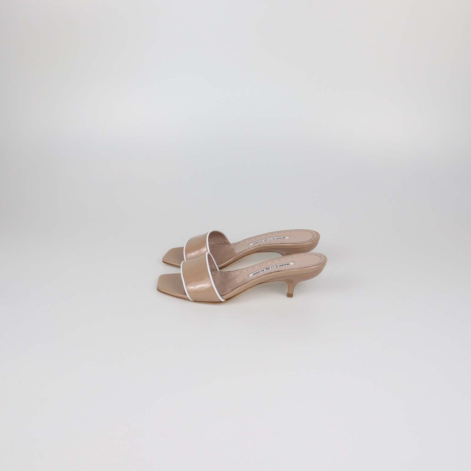Manolo Blahnik Beige/White Patent Leather Helamu Sandals