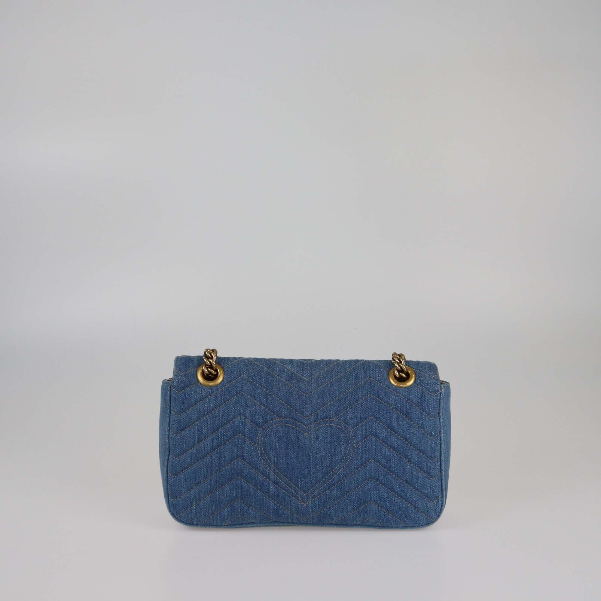 Gucci Blue Matelasse Denim Small Pearl GG Marmont Shoulder Bag Womens Gucci