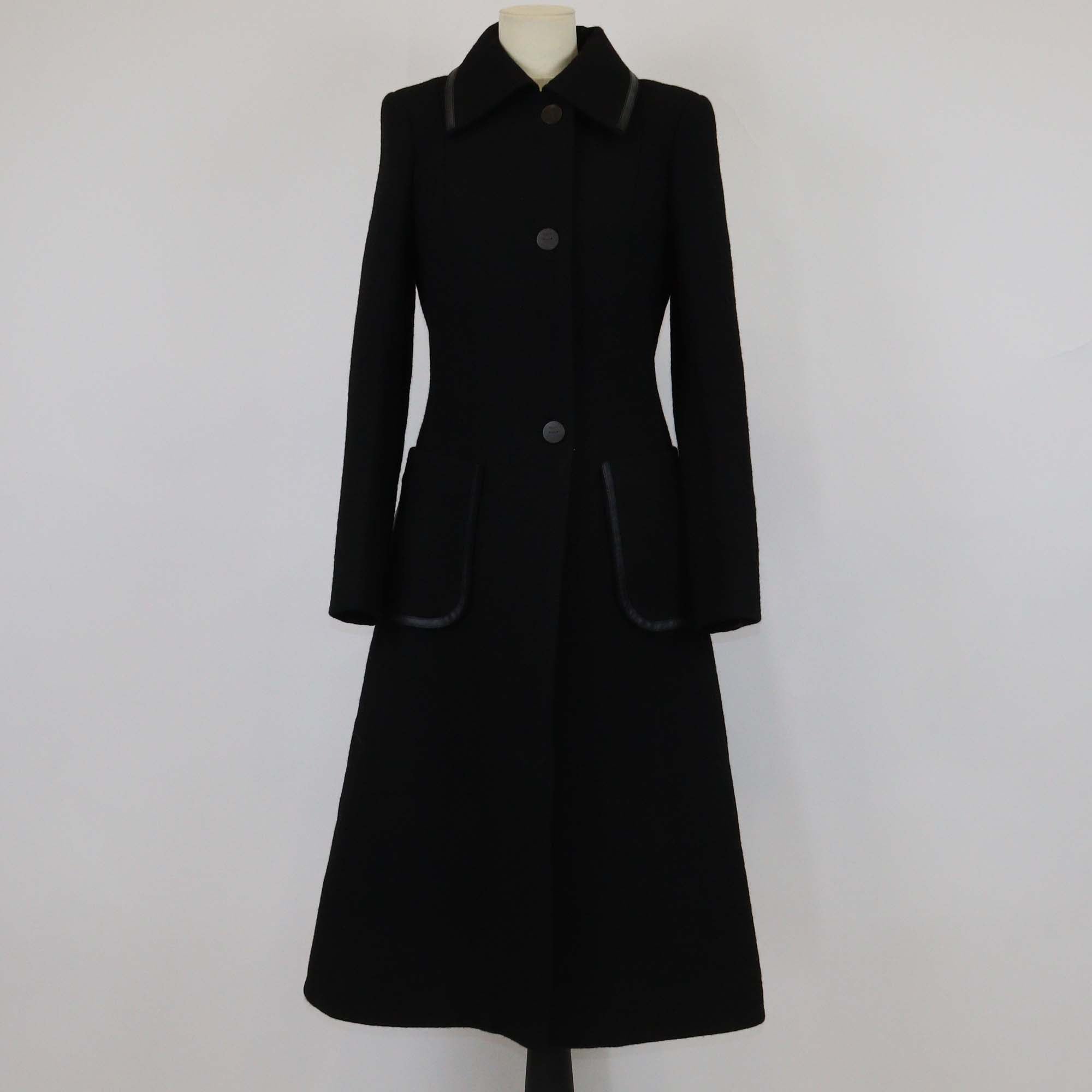 Loewe Black Wool Leather Trim Long Coat