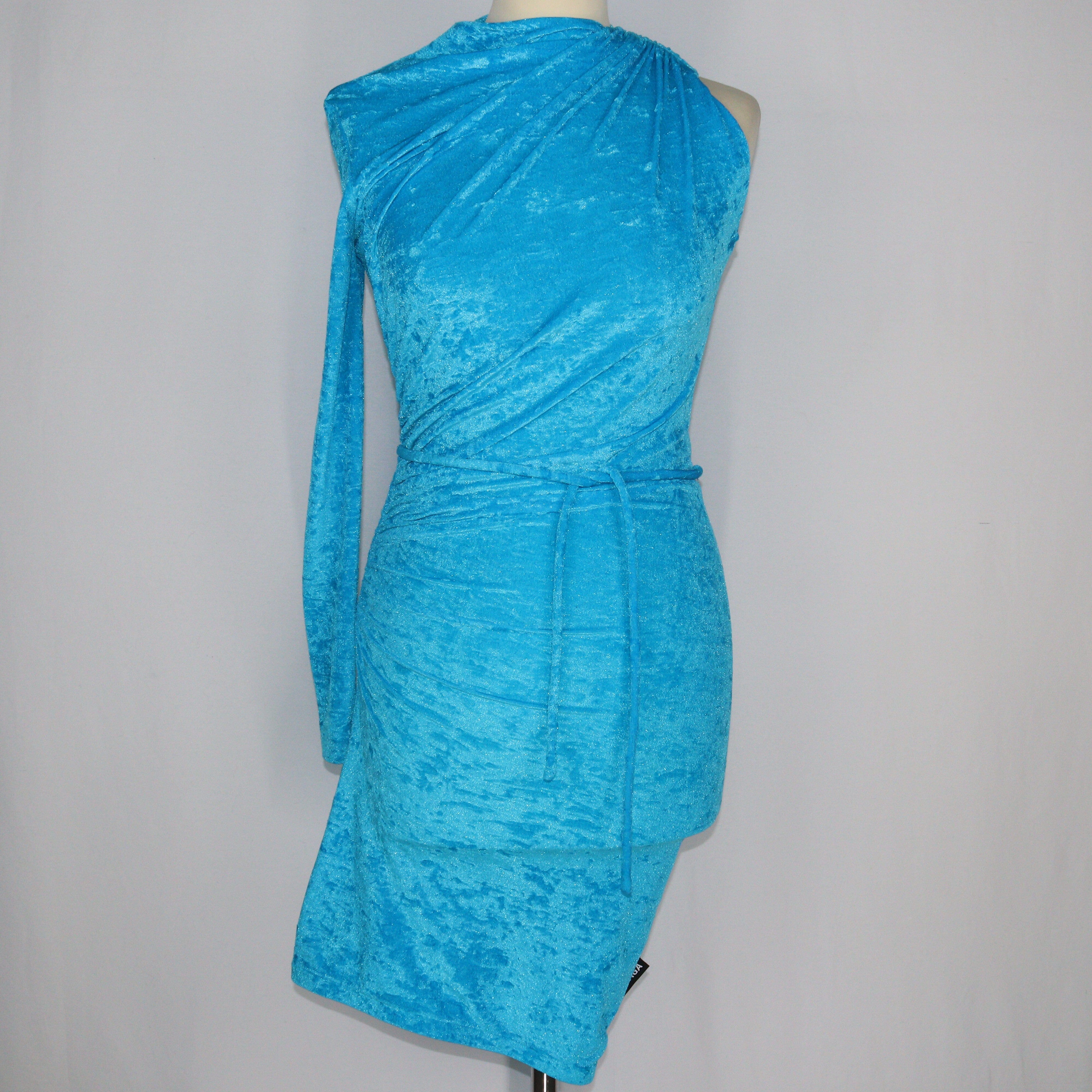 Blue Ruched Velvet One Shoulder Dress Clothings Balenciaga