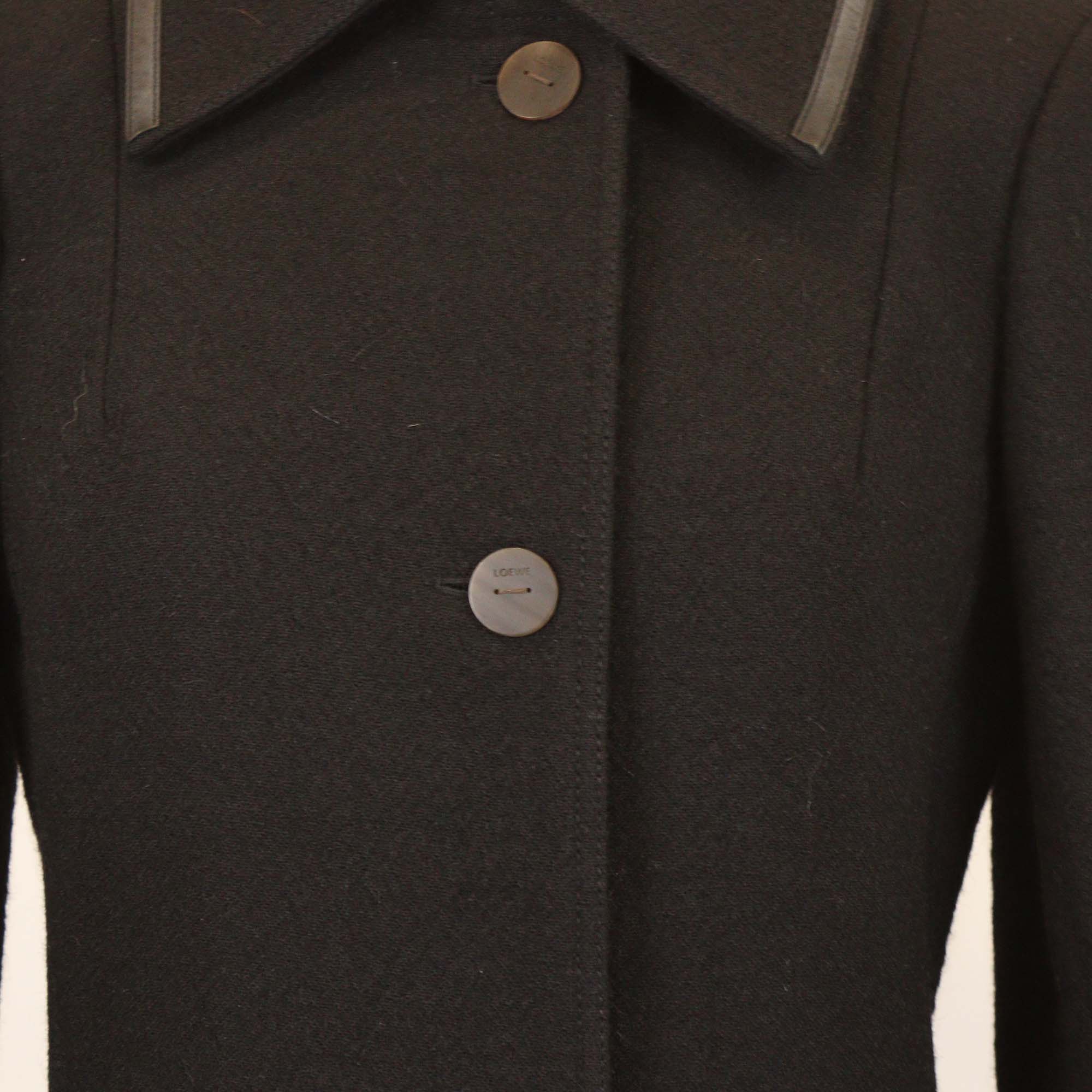 Loewe Black Wool Leather Trim Long Coat