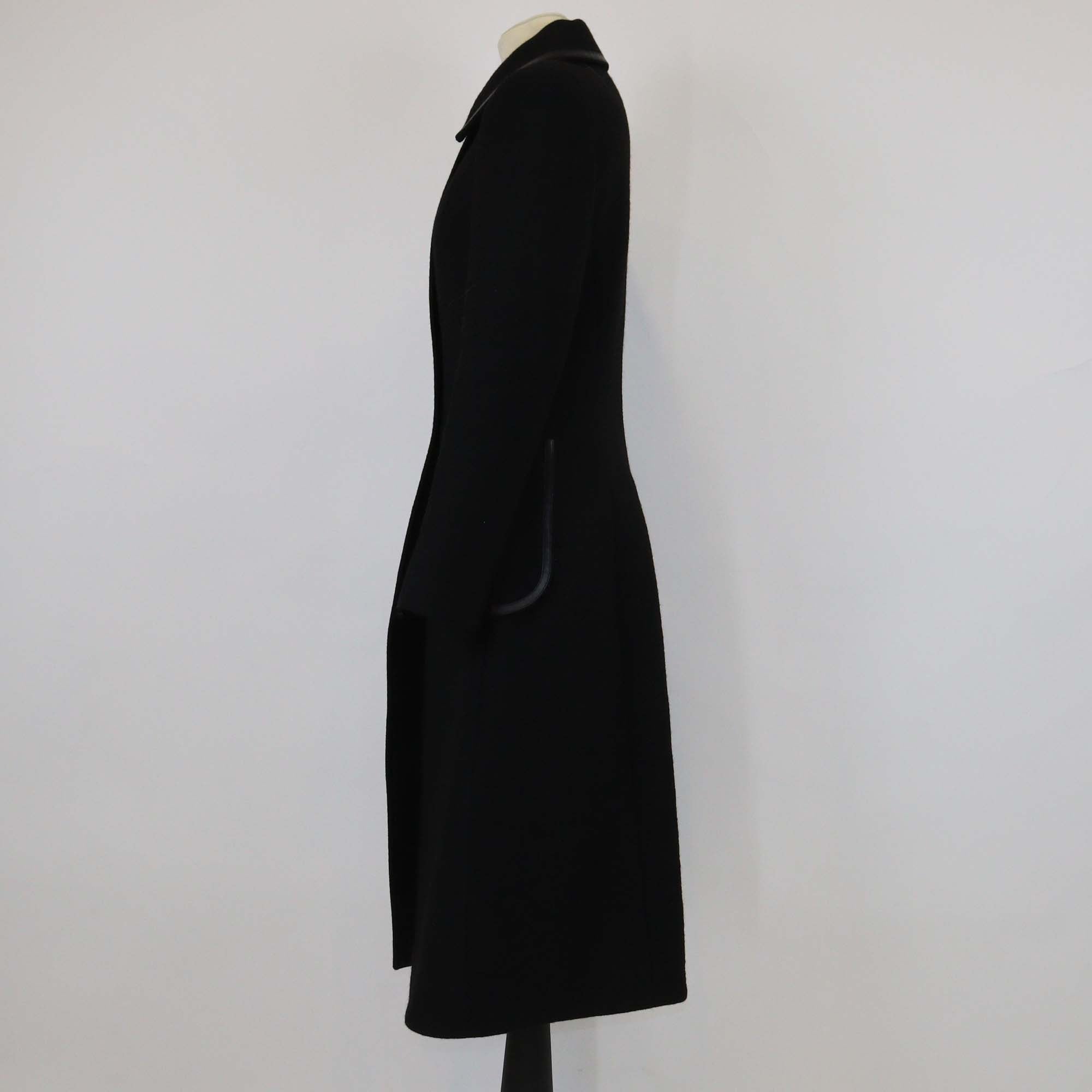 Loewe Black Wool Leather Trim Long Coat