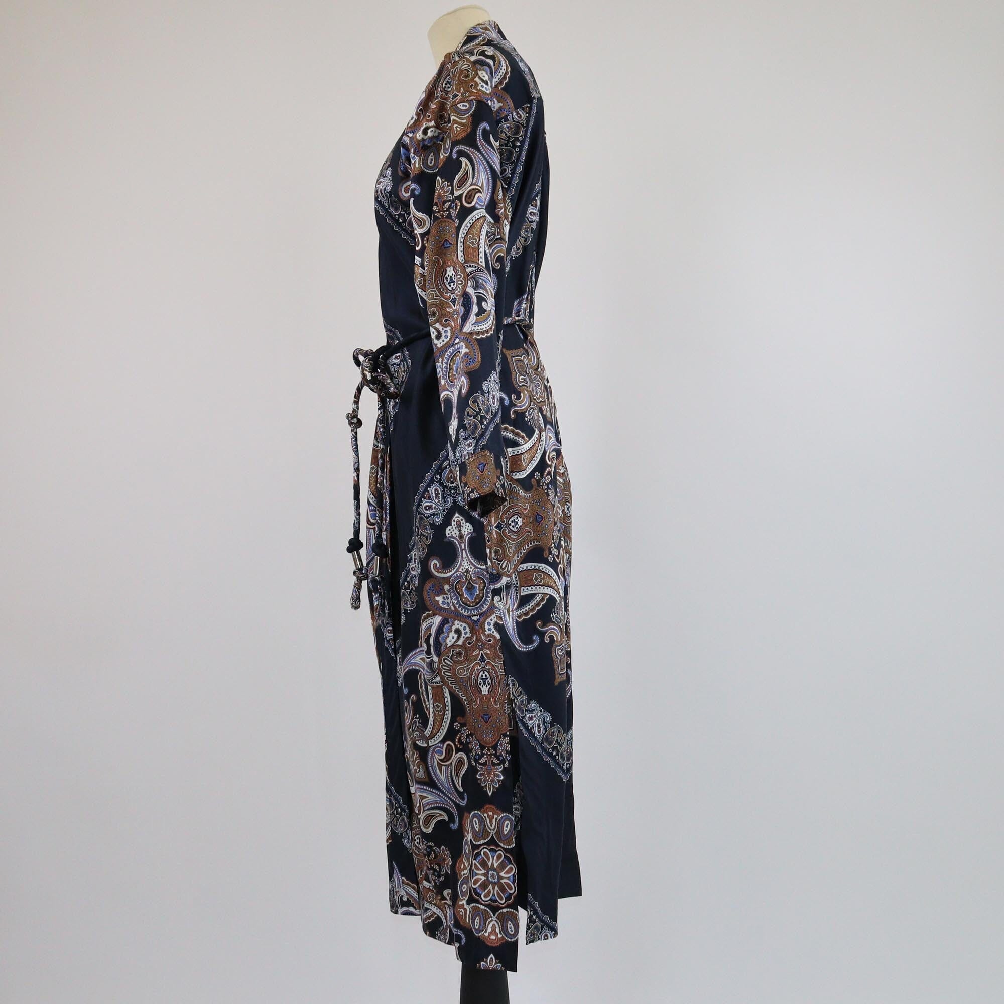 Chloe Navy Blue Paisley Print Belted Coat Robe Womens Chloe