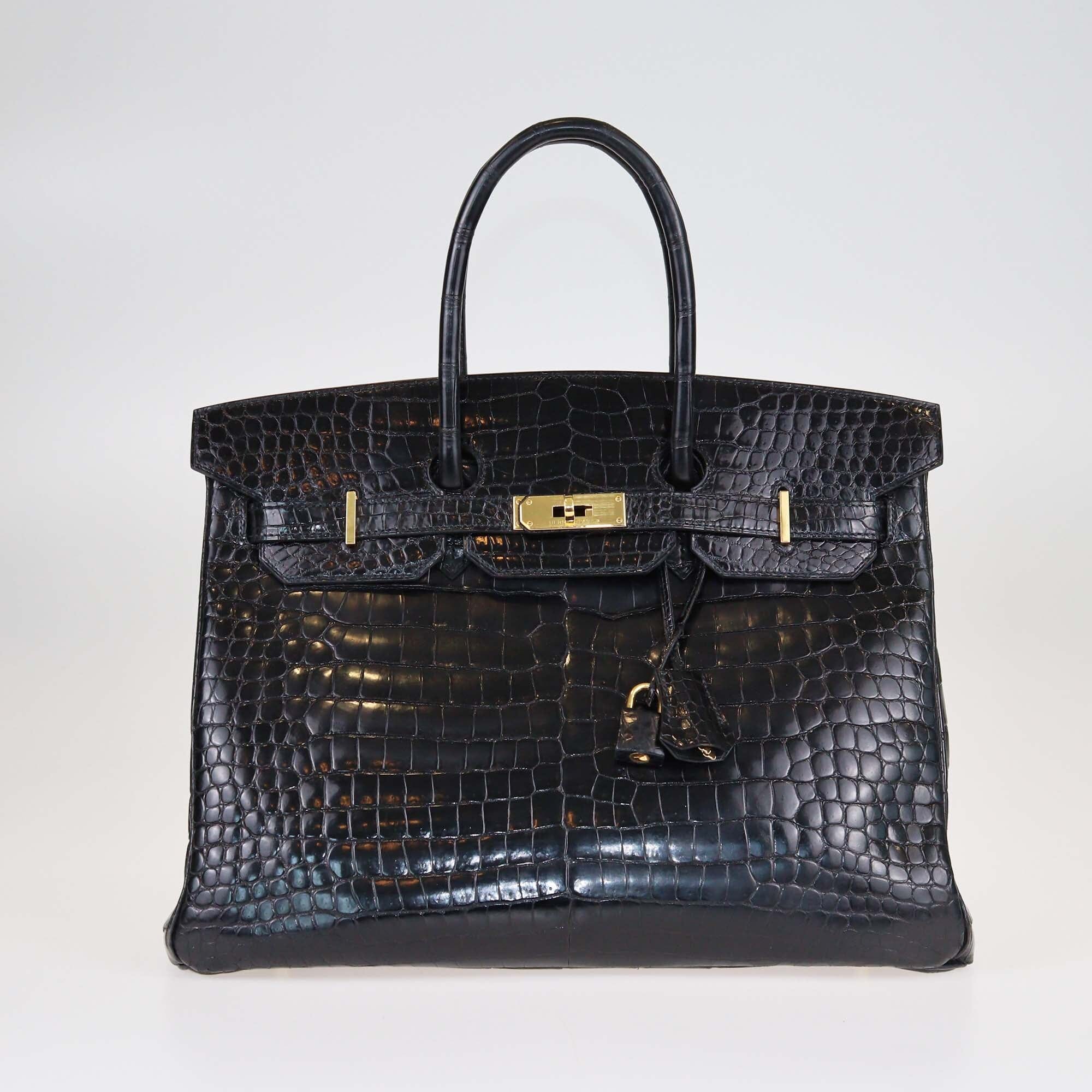 Hermes Black Shine Crocodile Gold Hardware Birkin 35 Bag Womens Hermes
