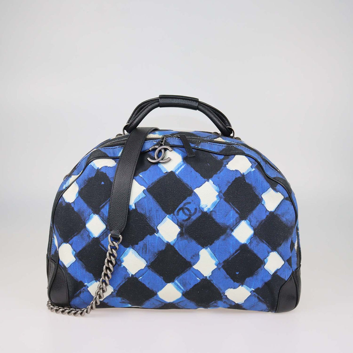 Chanel Blue, White Printed Canvas and Caviar Airlines Round Trip Bowling Bag