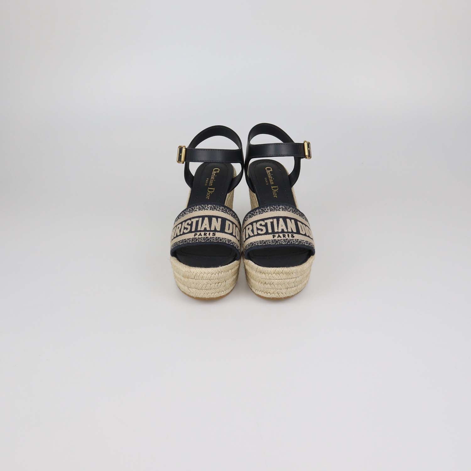 Christian Dior Navy Blue Canvas Dway Wedge Espadrille Sandals