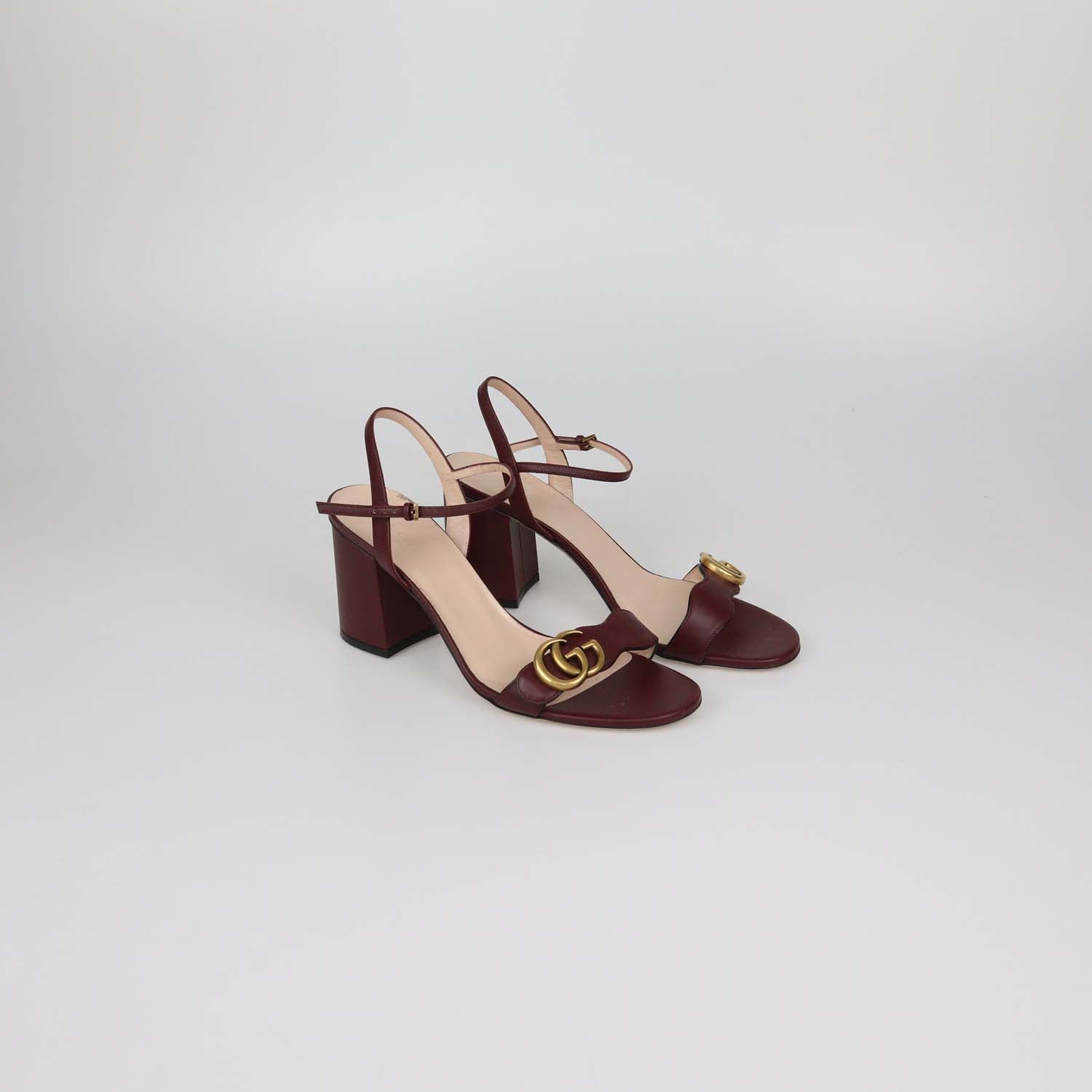 Gucci Burgundy Leather GG Marmont Block Heel Ankle Strap Sandals