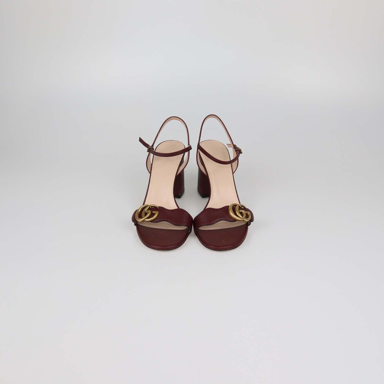 Gucci Burgundy Leather GG Marmont Block Heel Ankle Strap Sandals